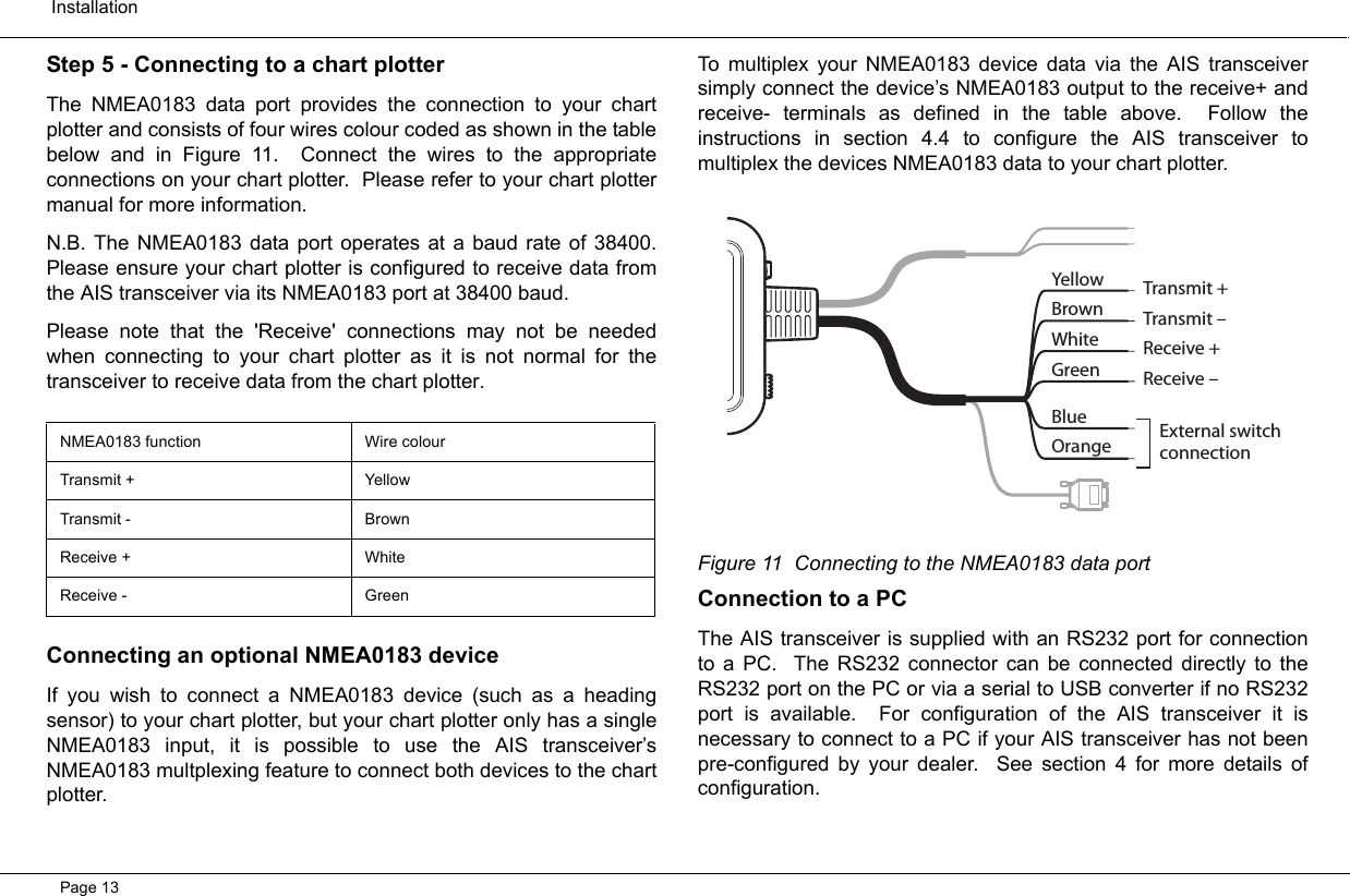  InstallationPage 13Step 5 - Connecting to a chart plotterThe NMEA0183 data port provides the connection to your chartplotter and consists of four wires colour coded as shown in the tablebelow and in Figure 11.  Connect the wires to the appropriateconnections on your chart plotter.  Please refer to your chart plottermanual for more information.  N.B. The NMEA0183 data port operates at a baud rate of 38400.Please ensure your chart plotter is configured to receive data fromthe AIS transceiver via its NMEA0183 port at 38400 baud.  Please note that the &apos;Receive&apos; connections may not be neededwhen connecting to your chart plotter as it is not normal for thetransceiver to receive data from the chart plotter.  Connecting an optional NMEA0183 deviceIf you wish to connect a NMEA0183 device (such as a headingsensor) to your chart plotter, but your chart plotter only has a singleNMEA0183 input, it is possible to use the AIS transceiver’sNMEA0183 multplexing feature to connect both devices to the chartplotter.  To multiplex your NMEA0183 device data via the AIS transceiversimply connect the device’s NMEA0183 output to the receive+ andreceive- terminals as defined in the table above.  Follow theinstructions in section 4.4 to configure the AIS transceiver tomultiplex the devices NMEA0183 data to your chart plotter.  Figure 11 Connecting to the NMEA0183 data portConnection to a PCThe AIS transceiver is supplied with an RS232 port for connectionto a PC.  The RS232 connector can be connected directly to theRS232 port on the PC or via a serial to USB converter if no RS232port is available.  For configuration of the AIS transceiver it isnecessary to connect to a PC if your AIS transceiver has not beenpre-configured by your dealer.  See section 4 for more details ofconfiguration.  NMEA0183 function Wire colourTransmit + YellowTransmit - BrownReceive + WhiteReceive - GreenYellowBrownWhiteGreenTransmit +Transmit –Receive +Receive –External switchconnectionBlueOrange