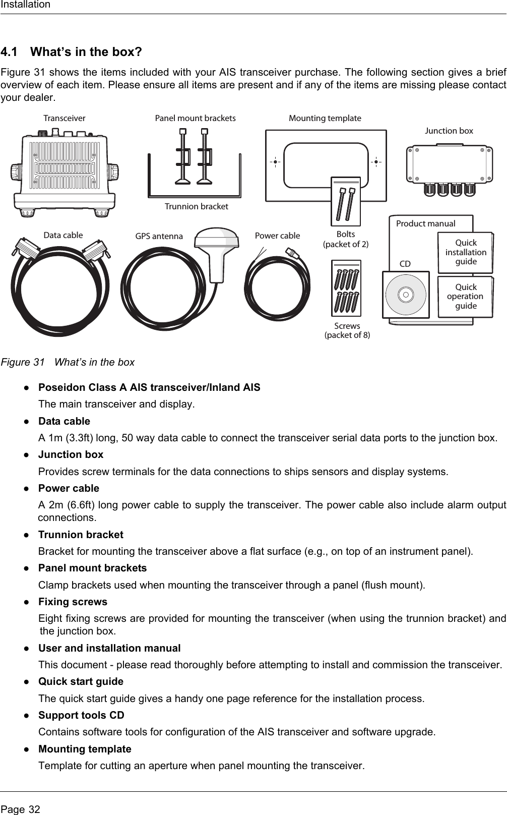 InstallationPage 324.1 What’s in the box?Figure 31 shows the items included with your AIS transceiver purchase. The following section gives a briefoverview of each item. Please ensure all items are present and if any of the items are missing please contactyour dealer.Figure 31 What’s in the box●Poseidon Class A AIS transceiver/Inland AISThe main transceiver and display.●Data cableA 1m (3.3ft) long, 50 way data cable to connect the transceiver serial data ports to the junction box.●Junction boxProvides screw terminals for the data connections to ships sensors and display systems.●Power cableA 2m (6.6ft) long power cable to supply the transceiver. The power cable also include alarm outputconnections.●Trunnion bracketBracket for mounting the transceiver above a flat surface (e.g., on top of an instrument panel).●Panel mount bracketsClamp brackets used when mounting the transceiver through a panel (flush mount).●Fixing screwsEight fixing screws are provided for mounting the transceiver (when using the trunnion bracket) andthe junction box. ●User and installation manualThis document - please read thoroughly before attempting to install and commission the transceiver.●Quick start guideThe quick start guide gives a handy one page reference for the installation process.●Support tools CDContains software tools for configuration of the AIS transceiver and software upgrade.●Mounting templateTemplate for cutting an aperture when panel mounting the transceiver. Product manualMounting templateData cable Power cableCDTransceiverTrunnion bracketPanel mount bracketsJunction boxQuickinstallationguideScrews(packet of 8)Bolts(packet of 2)GPS antennaQuickoperation guide
