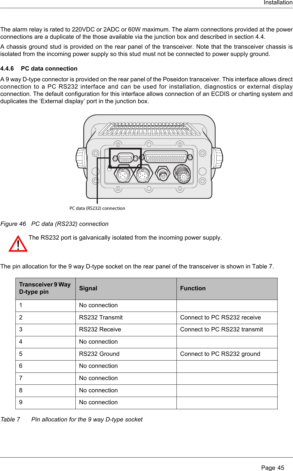 InstallationPage 45The alarm relay is rated to 220VDC or 2ADC or 60W maximum. The alarm connections provided at the powerconnections are a duplicate of the those available via the junction box and described in section 4.4. A chassis ground stud is provided on the rear panel of the transceiver. Note that the transceiver chassis isisolated from the incoming power supply so this stud must not be connected to power supply ground.4.4.6 PC data connectionA 9 way D-type connector is provided on the rear panel of the Poseidon transceiver. This interface allows directconnection to a PC RS232 interface and can be used for installation, diagnostics or external displayconnection. The default configuration for this interface allows connection of an ECDIS or charting system andduplicates the ‘External display’ port in the junction box.Figure 46 PC data (RS232) connectionThe pin allocation for the 9 way D-type socket on the rear panel of the transceiver is shown in Table 7.Table 7 Pin allocation for the 9 way D-type socketTransceiver 9 Way D-type pin Signal Function1 No connection2 RS232 Transmit Connect to PC RS232 receive3 RS232 Receive Connect to PC RS232 transmit4 No connection5 RS232 Ground Connect to PC RS232 ground6 No connection7 No connection8 No connection9 No connectionPC data (RS232) connectionThe RS232 port is galvanically isolated from the incoming power supply. 