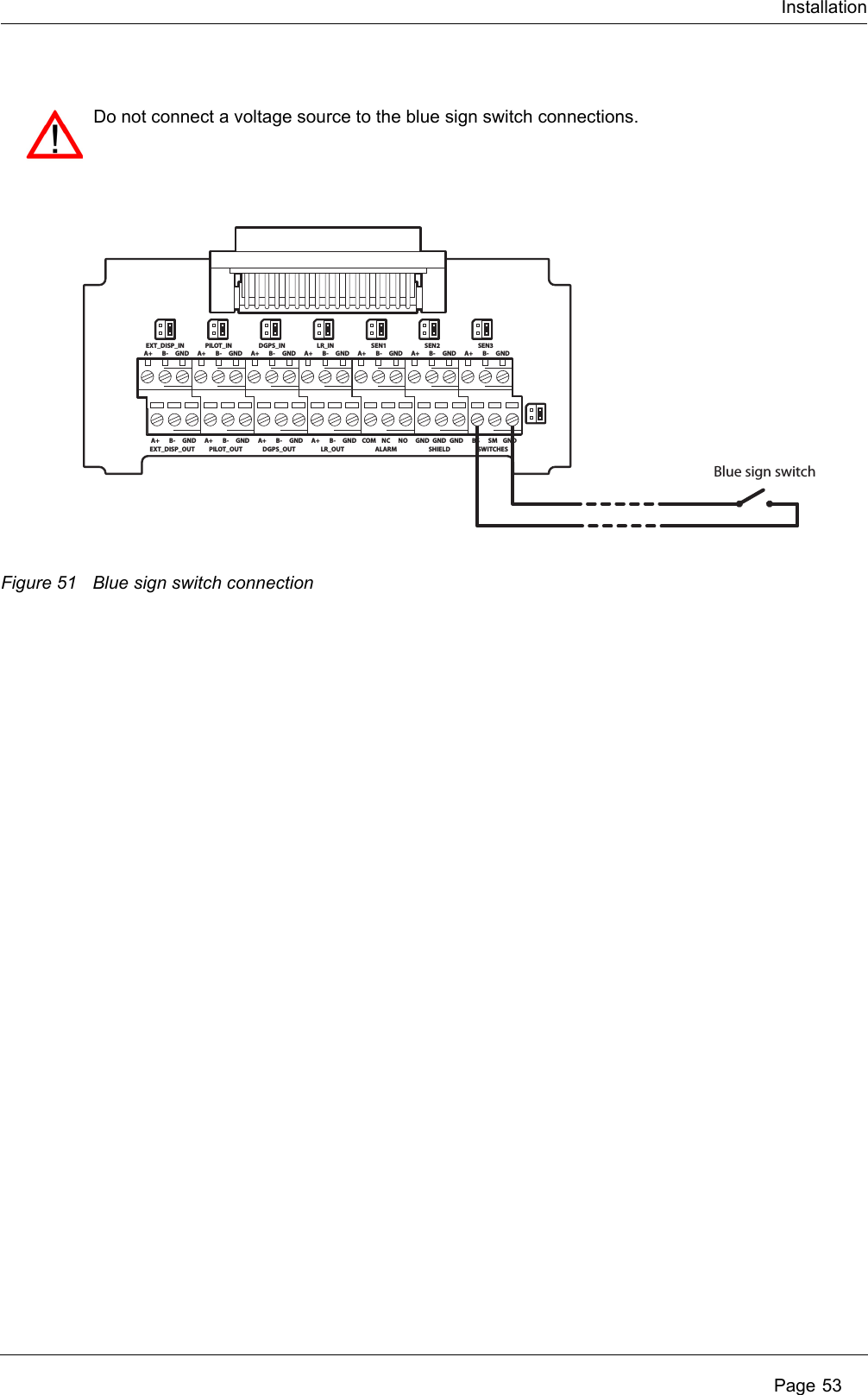 InstallationPage 53Figure 51 Blue sign switch connectionDo not connect a voltage source to the blue sign switch connections. A+ B-EXT_DISP_INGND A+ B-PILOT_INGND A+ B-DGPS_INGND A+ B-LR_INGND A+ B-SEN1GND A+ B-SEN2GND A+ B-SEN3GNDA+ B-EXT_DISP_OUTGND A+ B-PILOT_OUTGND A+ B-DGPS_OUTGND A+ B-LR_OUTGND COM NCALARMNO GND GNDSHIELDGNDBlue sign switchBS SMSWITCHESGND
