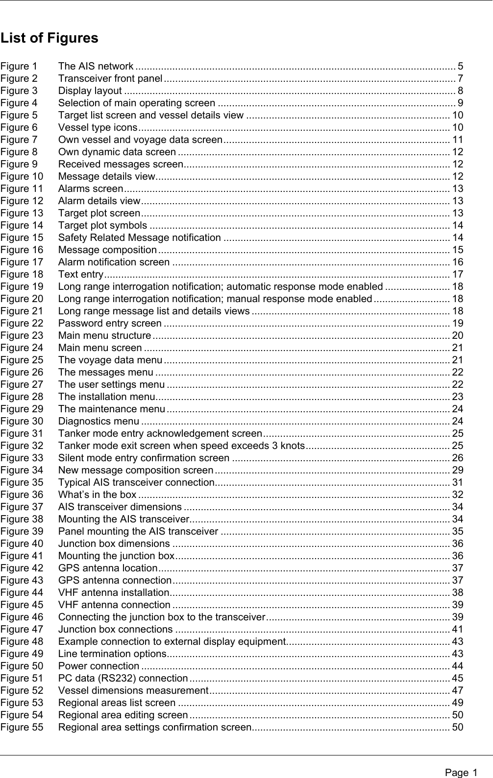  Page 1List of FiguresFigure 1 The AIS network ................................................................................................................. 5Figure 2 Transceiver front panel ....................................................................................................... 7Figure 3 Display layout ..................................................................................................................... 8Figure 4 Selection of main operating screen .................................................................................... 9Figure 5 Target list screen and vessel details view ........................................................................ 10Figure 6 Vessel type icons.............................................................................................................. 10Figure 7 Own vessel and voyage data screen................................................................................ 11Figure 8 Own dynamic data screen ................................................................................................ 12Figure 9 Received messages screen.............................................................................................. 12Figure 10 Message details view........................................................................................................ 12Figure 11 Alarms screen................................................................................................................... 13Figure 12 Alarm details view............................................................................................................. 13Figure 13 Target plot screen............................................................................................................. 13Figure 14 Target plot symbols .......................................................................................................... 14Figure 15 Safety Related Message notification ................................................................................ 14Figure 16 Message composition ....................................................................................................... 15Figure 17 Alarm notification screen .................................................................................................. 16Figure 18 Text entry.......................................................................................................................... 17Figure 19 Long range interrogation notification; automatic response mode enabled ....................... 18Figure 20 Long range interrogation notification; manual response mode enabled ........................... 18Figure 21 Long range message list and details views ...................................................................... 18Figure 22 Password entry screen ..................................................................................................... 19Figure 23 Main menu structure......................................................................................................... 20Figure 24 Main menu screen ............................................................................................................ 21Figure 25 The voyage data menu ..................................................................................................... 21Figure 26 The messages menu ........................................................................................................ 22Figure 27 The user settings menu .................................................................................................... 22Figure 28 The installation menu........................................................................................................ 23Figure 29 The maintenance menu .................................................................................................... 24Figure 30 Diagnostics menu ............................................................................................................. 24Figure 31 Tanker mode entry acknowledgement screen.................................................................. 25Figure 32 Tanker mode exit screen when speed exceeds 3 knots................................................... 25Figure 33 Silent mode entry confirmation screen ............................................................................. 26Figure 34 New message composition screen................................................................................... 29Figure 35 Typical AIS transceiver connection................................................................................... 31Figure 36 What’s in the box .............................................................................................................. 32Figure 37 AIS transceiver dimensions .............................................................................................. 34Figure 38 Mounting the AIS transceiver............................................................................................ 34Figure 39 Panel mounting the AIS transceiver ................................................................................. 35Figure 40 Junction box dimensions .................................................................................................. 36Figure 41 Mounting the junction box................................................................................................. 36Figure 42 GPS antenna location....................................................................................................... 37Figure 43 GPS antenna connection.................................................................................................. 37Figure 44 VHF antenna installation................................................................................................... 38Figure 45 VHF antenna connection .................................................................................................. 39Figure 46 Connecting the junction box to the transceiver................................................................. 39Figure 47 Junction box connections ................................................................................................. 41Figure 48 Example connection to external display equipment.......................................................... 43Figure 49 Line termination options.................................................................................................... 43Figure 50 Power connection ............................................................................................................. 44Figure 51 PC data (RS232) connection............................................................................................ 45Figure 52 Vessel dimensions measurement..................................................................................... 47Figure 53 Regional areas list screen ................................................................................................ 49Figure 54 Regional area editing screen ............................................................................................ 50Figure 55 Regional area settings confirmation screen...................................................................... 50