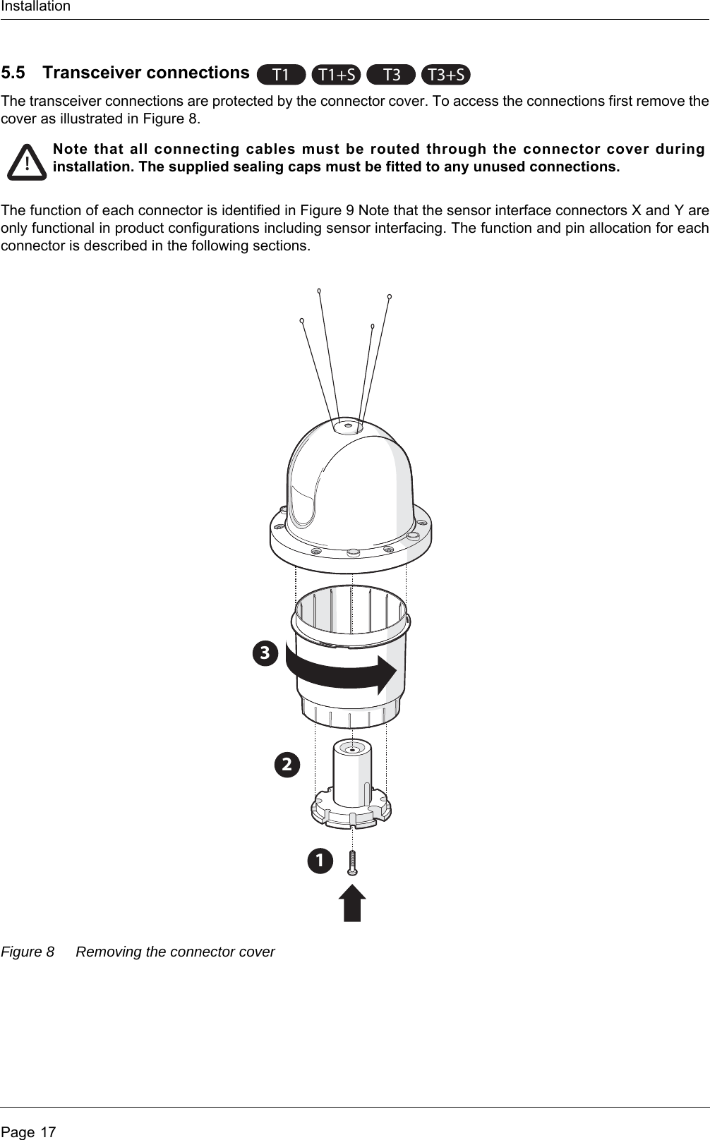 InstallationPage 175.5 Transceiver connectionsThe transceiver connections are protected by the connector cover. To access the connections first remove the cover as illustrated in Figure 8.The function of each connector is identified in Figure 9 Note that the sensor interface connectors X and Y are only functional in product configurations including sensor interfacing. The function and pin allocation for each connector is described in the following sections.Figure 8 Removing the connector coverT1 T1+ST3T3+S!Note that all connecting cables must be routed through the connector cover during installation. The supplied sealing caps must be fitted to any unused connections.213