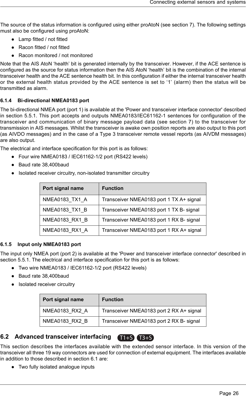 Connecting external sensors and systems Page 26The source of the status information is configured using either proAtoN (see section 7). The following settings must also be configured using proAtoN:●Lamp fitted / not fitted●Racon fitted / not fitted●Racon monitored / not monitoredNote that the AIS AtoN ‘health’ bit is generated internally by the transceiver. However, if the ACE sentence is configured as the source for status information then the AIS AtoN ‘health’ bit is the combination of the internal transceiver health and the ACE sentence health bit. In this configuration if either the internal transceiver health or the external health status provided by the ACE sentence is set to ‘1’ (alarm) then the status will be transmitted as alarm.6.1.4 Bi-directional NMEA0183 portThe bi-directional NMEA port (port 1) is available at the &apos;Power and transceiver interface connector&apos; described in section 5.5.1. This port accepts and outputs NMEA0183/IEC61162-1 sentences for configuration of the transceiver and communication of binary message payload data (see section 7) to the transceiver for transmission in AIS messages. Whilst the transceiver is awake own position reports are also output to this port (as AIVDO messages) and in the case of a Type 3 transceiver remote vessel reports (as AIVDM messages) are also output.The electrical and interface specification for this port is as follows:●Four wire NMEA0183 / IEC61162-1/2 port (RS422 levels)●Baud rate 38,400baud●Isolated receiver circuitry, non-isolated transmitter circuitry6.1.5 Input only NMEA0183 portThe input only NMEA port (port 2) is available at the &apos;Power and transceiver interface connector&apos; described in section 5.5.1. The electrical and interface specification for this port is as follows:●Two wire NMEA0183 / IEC61162-1/2 port (RS422 levels)●Baud rate 38,400baud●Isolated receiver circuitry6.2 Advanced transceiver interfacingThis section describes the interfaces available with the extended sensor interface. In this version of the transceiver all three 19 way connectors are used for connection of external equipment. The interfaces available in addition to those described in section 6.1 are:●Two fully isolated analogue inputsPort signal name FunctionNMEA0183_TX1_A Transceiver NMEA0183 port 1 TX A+ signalNMEA0183_TX1_B Transceiver NMEA0183 port 1 TX B- signalNMEA0183_RX1_B Transceiver NMEA0183 port 1 RX B- signalNMEA0183_RX1_A Transceiver NMEA0183 port 1 RX A+ signalPort signal name FunctionNMEA0183_RX2_A Transceiver NMEA0183 port 2 RX A+ signalNMEA0183_RX2_B Transceiver NMEA0183 port 2 RX B- signalT1+ST3+S