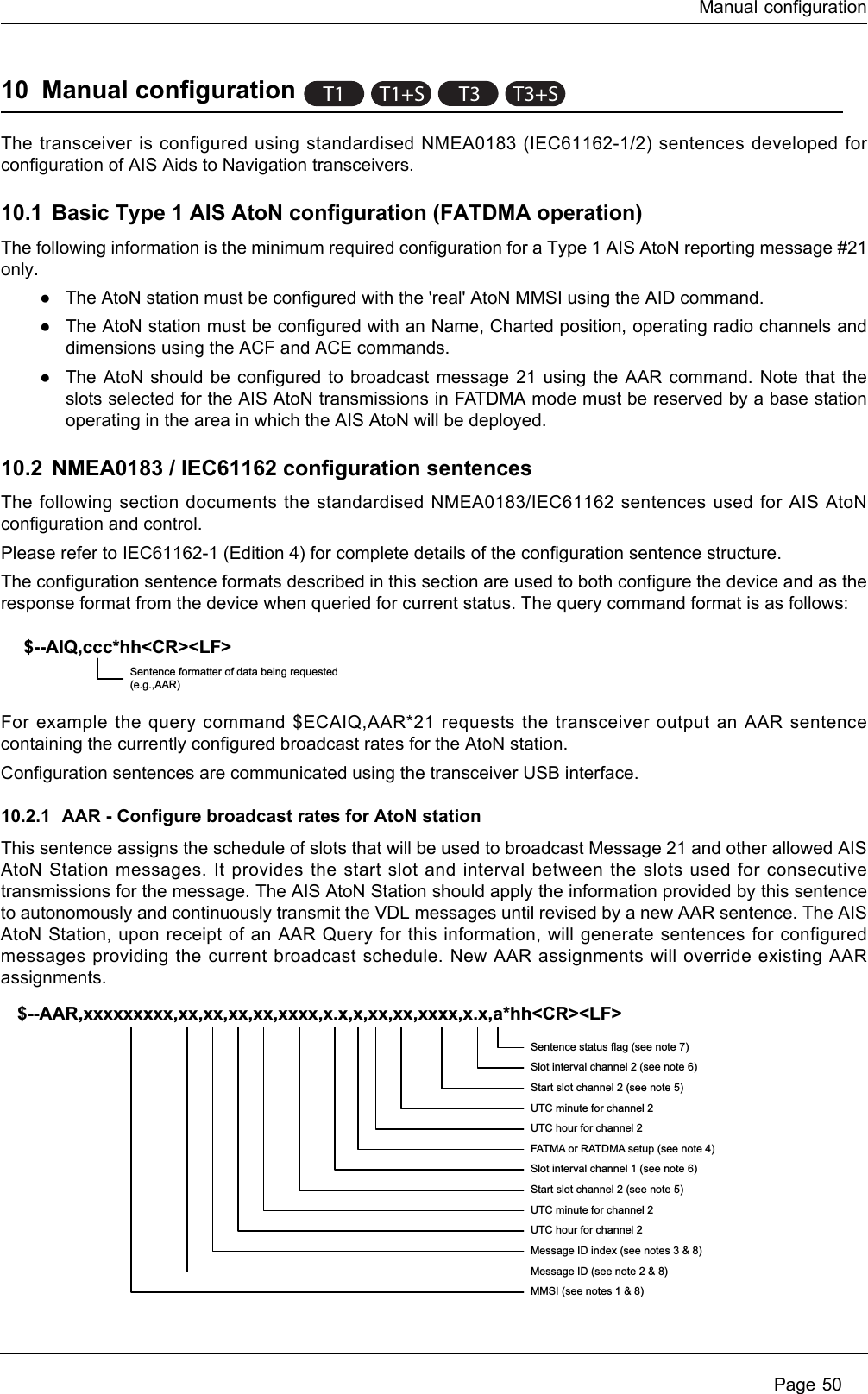 Manual configuration Page 5010 Manual configurationThe transceiver is configured using standardised NMEA0183 (IEC61162-1/2) sentences developed for configuration of AIS Aids to Navigation transceivers. 10.1 Basic Type 1 AIS AtoN configuration (FATDMA operation) The following information is the minimum required configuration for a Type 1 AIS AtoN reporting message #21 only.●The AtoN station must be configured with the &apos;real&apos; AtoN MMSI using the AID command.●The AtoN station must be configured with an Name, Charted position, operating radio channels and dimensions using the ACF and ACE commands.●The AtoN should be configured to broadcast message 21 using the AAR command. Note that the slots selected for the AIS AtoN transmissions in FATDMA mode must be reserved by a base station operating in the area in which the AIS AtoN will be deployed.10.2 NMEA0183 / IEC61162 configuration sentencesThe following section documents the standardised NMEA0183/IEC61162 sentences used for AIS AtoN configuration and control. Please refer to IEC61162-1 (Edition 4) for complete details of the configuration sentence structure.The configuration sentence formats described in this section are used to both configure the device and as the response format from the device when queried for current status. The query command format is as follows:For example the query command $ECAIQ,AAR*21 requests the transceiver output an AAR sentence containing the currently configured broadcast rates for the AtoN station.Configuration sentences are communicated using the transceiver USB interface.10.2.1 AAR - Configure broadcast rates for AtoN stationThis sentence assigns the schedule of slots that will be used to broadcast Message 21 and other allowed AIS AtoN Station messages. It provides the start slot and interval between the slots used for consecutive transmissions for the message. The AIS AtoN Station should apply the information provided by this sentence to autonomously and continuously transmit the VDL messages until revised by a new AAR sentence. The AIS AtoN Station, upon receipt of an AAR Query for this information, will generate sentences for configured messages providing the current broadcast schedule. New AAR assignments will override existing AAR assignments.T1 T1+ST3T3+S$--AIQ,ccc*hh&lt;CR&gt;&lt;LF&gt;Sentence formatter of data being requested (e.g.,AAR)$--AAR,xxxxxxxxx,xx,xx,xx,xx,xxxx,x.x,x,xx,xx,xxxx,x.x,a*hh&lt;CR&gt;&lt;LF&gt;Sentence status flag (see note 7)Slot interval channel 2 (see note 6)Start slot channel 2 (see note 5)UTC minute for channel 2UTC hour for channel 2FATMA or RATDMA setup (see note 4)Slot interval channel 1 (see note 6)Start slot channel 2 (see note 5)UTC minute for channel 2UTC hour for channel 2Message ID index (see notes 3 &amp; 8)Message ID (see note 2 &amp; 8)MMSI (see notes 1 &amp; 8)
