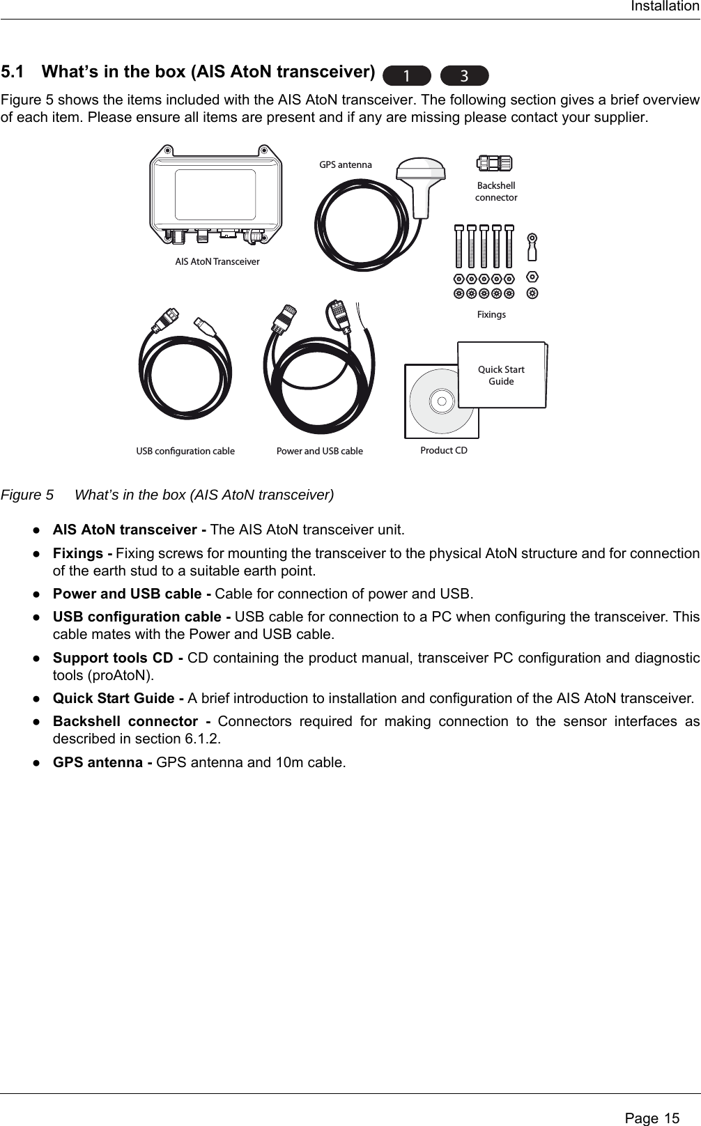 Installation Page 155.1 What’s in the box (AIS AtoN transceiver) Figure 5 shows the items included with the AIS AtoN transceiver. The following section gives a brief overview of each item. Please ensure all items are present and if any are missing please contact your supplier.Figure 5 What’s in the box (AIS AtoN transceiver)●AIS AtoN transceiver - The AIS AtoN transceiver unit.●Fixings - Fixing screws for mounting the transceiver to the physical AtoN structure and for connection of the earth stud to a suitable earth point. ●Power and USB cable - Cable for connection of power and USB. ●USB configuration cable - USB cable for connection to a PC when configuring the transceiver. This cable mates with the Power and USB cable. ●Support tools CD - CD containing the product manual, transceiver PC configuration and diagnostic tools (proAtoN). ●Quick Start Guide - A brief introduction to installation and configuration of the AIS AtoN transceiver. ●Backshell connector - Connectors required for making connection to the sensor interfaces as described in section 6.1.2. ●GPS antenna - GPS antenna and 10m cable.13Power and USB cableBackshellconnectorAIS AtoN TransceiverProduct CDGPS antennaUSB conguration cableQuick StartGuideFixings