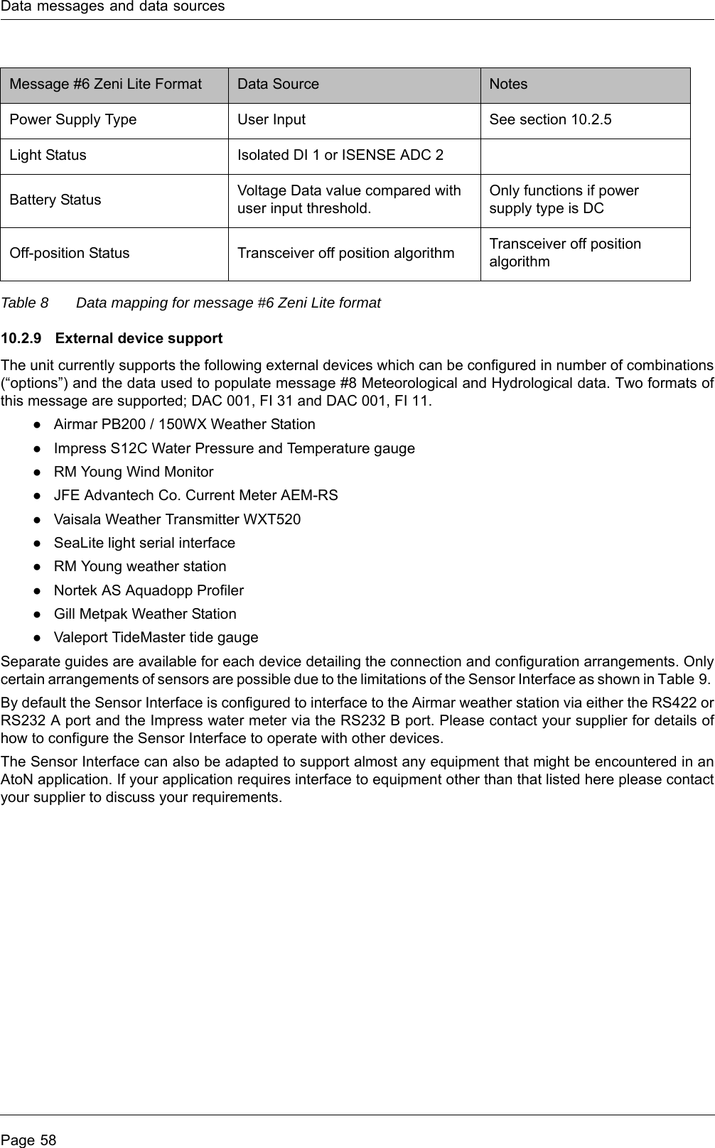 Data messages and data sourcesPage 58Table 8 Data mapping for message #6 Zeni Lite format10.2.9  External device supportThe unit currently supports the following external devices which can be configured in number of combinations (“options”) and the data used to populate message #8 Meteorological and Hydrological data. Two formats of this message are supported; DAC 001, FI 31 and DAC 001, FI 11.●Airmar PB200 / 150WX Weather Station●Impress S12C Water Pressure and Temperature gauge●RM Young Wind Monitor●JFE Advantech Co. Current Meter AEM-RS●Vaisala Weather Transmitter WXT520●SeaLite light serial interface●RM Young weather station●Nortek AS Aquadopp Profiler●Gill Metpak Weather Station●Valeport TideMaster tide gaugeSeparate guides are available for each device detailing the connection and configuration arrangements. Only certain arrangements of sensors are possible due to the limitations of the Sensor Interface as shown in Table 9. By default the Sensor Interface is configured to interface to the Airmar weather station via either the RS422 or RS232 A port and the Impress water meter via the RS232 B port. Please contact your supplier for details of how to configure the Sensor Interface to operate with other devices. The Sensor Interface can also be adapted to support almost any equipment that might be encountered in an AtoN application. If your application requires interface to equipment other than that listed here please contact your supplier to discuss your requirements. Power Supply Type User Input See section 10.2.5Light Status Isolated DI 1 or ISENSE ADC 2Battery Status Voltage Data value compared with user input threshold.Only functions if power supply type is DCOff-position Status Transceiver off position algorithm Transceiver off position algorithmMessage #6 Zeni Lite Format Data Source Notes