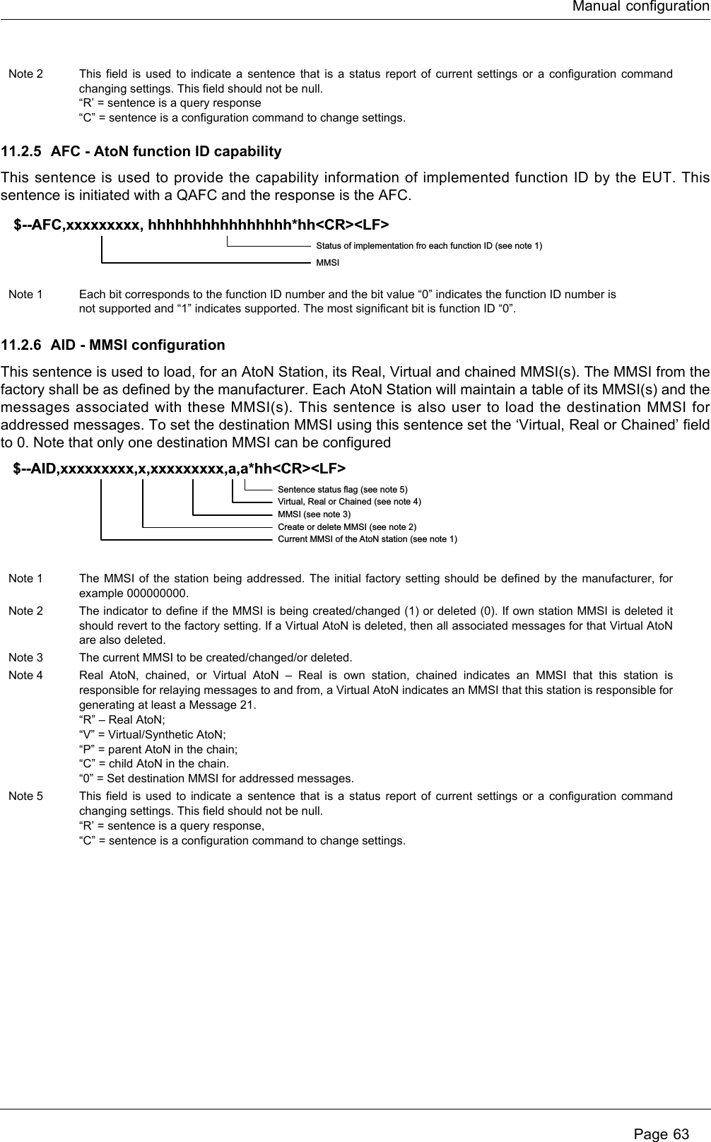 Manual configuration Page 6311.2.5 AFC - AtoN function ID capabilityThis sentence is used to provide the capability information of implemented function ID by the EUT. This sentence is initiated with a QAFC and the response is the AFC.11.2.6 AID - MMSI configurationThis sentence is used to load, for an AtoN Station, its Real, Virtual and chained MMSI(s). The MMSI from the factory shall be as defined by the manufacturer. Each AtoN Station will maintain a table of its MMSI(s) and the messages associated with these MMSI(s). This sentence is also user to load the destination MMSI for addressed messages. To set the destination MMSI using this sentence set the ‘Virtual, Real or Chained’ field to 0. Note that only one destination MMSI can be configuredNote 2 This field is used to indicate a sentence that is a status report of current settings or a configuration command changing settings. This field should not be null.“R’ = sentence is a query response“C” = sentence is a configuration command to change settings.Note 1 Each bit corresponds to the function ID number and the bit value “0” indicates the function ID number isnot supported and “1” indicates supported. The most significant bit is function ID “0”.Note 1 The MMSI of the station being addressed. The initial factory setting should be defined by the manufacturer, for example 000000000.Note 2 The indicator to define if the MMSI is being created/changed (1) or deleted (0). If own station MMSI is deleted it should revert to the factory setting. If a Virtual AtoN is deleted, then all associated messages for that Virtual AtoN are also deleted.Note 3 The current MMSI to be created/changed/or deleted.Note 4 Real AtoN, chained, or Virtual AtoN – Real is own station, chained indicates an MMSI that this station is responsible for relaying messages to and from, a Virtual AtoN indicates an MMSI that this station is responsible for generating at least a Message 21.“R” – Real AtoN;“V” = Virtual/Synthetic AtoN;“P” = parent AtoN in the chain;“C” = child AtoN in the chain.“0” = Set destination MMSI for addressed messages.Note 5 This field is used to indicate a sentence that is a status report of current settings or a configuration command changing settings. This field should not be null.“R’ = sentence is a query response,“C” = sentence is a configuration command to change settings.Status of implementation fro each function ID (see note 1)MMSI$--AFC,xxxxxxxxx, hhhhhhhhhhhhhhhh*hh&lt;CR&gt;&lt;LF&gt;Sentence status flag (see note 5)Virtual, Real or Chained (see note 4)MMSI (see note 3)Create or delete MMSI (see note 2)Current MMSI of the AtoN station (see note 1)$--AID,xxxxxxxxx,x,xxxxxxxxx,a,a*hh&lt;CR&gt;&lt;LF&gt;