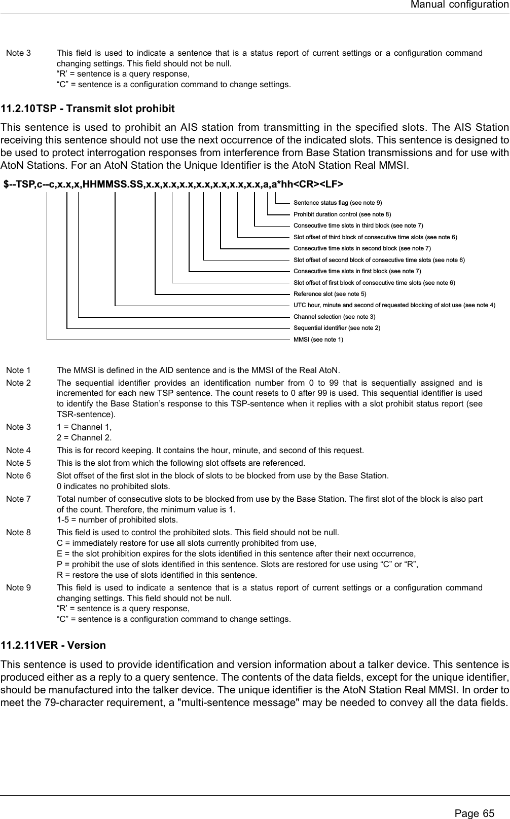 Manual configuration Page 6511.2.10TSP - Transmit slot prohibitThis sentence is used to prohibit an AIS station from transmitting in the specified slots. The AIS Station receiving this sentence should not use the next occurrence of the indicated slots. This sentence is designed to be used to protect interrogation responses from interference from Base Station transmissions and for use with AtoN Stations. For an AtoN Station the Unique Identifier is the AtoN Station Real MMSI.11.2.11VER - VersionThis sentence is used to provide identification and version information about a talker device. This sentence is produced either as a reply to a query sentence. The contents of the data fields, except for the unique identifier, should be manufactured into the talker device. The unique identifier is the AtoN Station Real MMSI. In order to meet the 79-character requirement, a &quot;multi-sentence message&quot; may be needed to convey all the data fields.Note 3 This field is used to indicate a sentence that is a status report of current settings or a configuration command changing settings. This field should not be null.“R’ = sentence is a query response,“C” = sentence is a configuration command to change settings.Note 1 The MMSI is defined in the AID sentence and is the MMSI of the Real AtoN.Note 2 The sequential identifier provides an identification number from 0 to 99 that is sequentially assigned and is incremented for each new TSP sentence. The count resets to 0 after 99 is used. This sequential identifier is used to identify the Base Station’s response to this TSP-sentence when it replies with a slot prohibit status report (see TSR-sentence).Note 3 1 = Channel 1,2 = Channel 2.Note 4 This is for record keeping. It contains the hour, minute, and second of this request.Note 5 This is the slot from which the following slot offsets are referenced.Note 6 Slot offset of the first slot in the block of slots to be blocked from use by the Base Station.0 indicates no prohibited slots.Note 7 Total number of consecutive slots to be blocked from use by the Base Station. The first slot of the block is also part of the count. Therefore, the minimum value is 1.1-5 = number of prohibited slots.Note 8 This field is used to control the prohibited slots. This field should not be null.C = immediately restore for use all slots currently prohibited from use,E = the slot prohibition expires for the slots identified in this sentence after their next occurrence,P = prohibit the use of slots identified in this sentence. Slots are restored for use using “C” or “R”,R = restore the use of slots identified in this sentence.Note 9 This field is used to indicate a sentence that is a status report of current settings or a configuration command changing settings. This field should not be null.“R’ = sentence is a query response,“C” = sentence is a configuration command to change settings.$--TSP,c--c,x.x,x,HHMMSS.SS,x.x,x.x,x.x,x.x,x.x,x.x,x.x,a,a*hh&lt;CR&gt;&lt;LF&gt;Sentence status flag (see note 9)Prohibit duration control (see note 8)Consecutive time slots in third block (see note 7)Slot offset of third block of consecutive time slots (see note 6)Consecutive time slots in second block (see note 7)Slot offset of second block of consecutive time slots (see note 6)Consecutive time slots in first block (see note 7)Slot offset of first block of consecutive time slots (see note 6)Reference slot (see note 5)UTC hour, minute and second of requested blocking of slot use (see note 4)Channel selection (see note 3)Sequential identifier (see note 2)MMSI (see note 1)