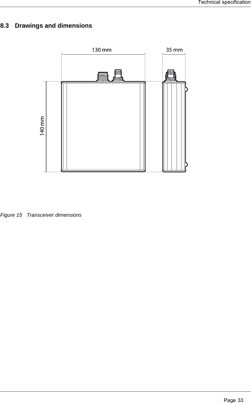 Technical specification Page 338.3 Drawings and dimensionsFigure 15 Transceiver dimensions140 mm140 mm130 mm 35 mm130 mm 35 mm