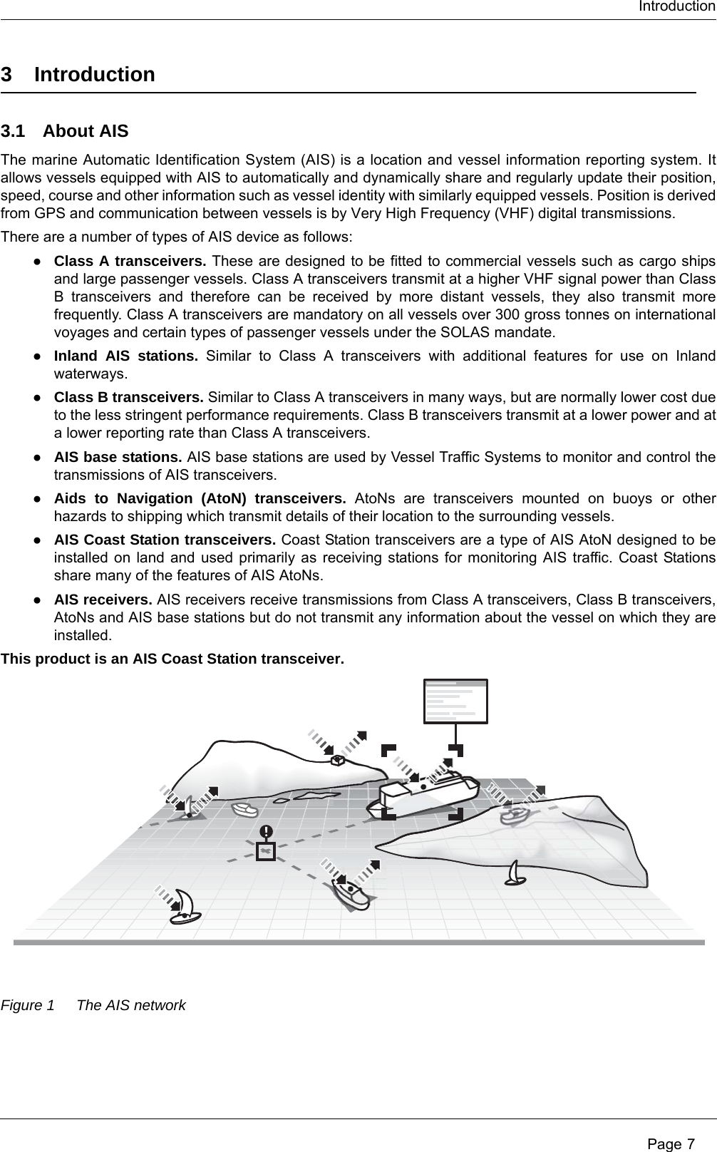 Introduction Page 73Introduction3.1 About AISThe marine Automatic Identification System (AIS) is a location and vessel information reporting system. It allows vessels equipped with AIS to automatically and dynamically share and regularly update their position, speed, course and other information such as vessel identity with similarly equipped vessels. Position is derived from GPS and communication between vessels is by Very High Frequency (VHF) digital transmissions. There are a number of types of AIS device as follows:●Class A transceivers. These are designed to be fitted to commercial vessels such as cargo ships and large passenger vessels. Class A transceivers transmit at a higher VHF signal power than Class B transceivers and therefore can be received by more distant vessels, they also transmit more frequently. Class A transceivers are mandatory on all vessels over 300 gross tonnes on international voyages and certain types of passenger vessels under the SOLAS mandate.   ●Inland AIS stations. Similar to Class A transceivers with additional features for use on Inland waterways. ●Class B transceivers. Similar to Class A transceivers in many ways, but are normally lower cost due to the less stringent performance requirements. Class B transceivers transmit at a lower power and at a lower reporting rate than Class A transceivers. ●AIS base stations. AIS base stations are used by Vessel Traffic Systems to monitor and control the transmissions of AIS transceivers. ●Aids to Navigation (AtoN) transceivers. AtoNs are transceivers mounted on buoys or other hazards to shipping which transmit details of their location to the surrounding vessels. ●AIS Coast Station transceivers. Coast Station transceivers are a type of AIS AtoN designed to be installed on land and used primarily as receiving stations for monitoring AIS traffic. Coast Stations share many of the features of AIS AtoNs. ●AIS receivers. AIS receivers receive transmissions from Class A transceivers, Class B transceivers, AtoNs and AIS base stations but do not transmit any information about the vessel on which they are installed. This product is an AIS Coast Station transceiver.Figure 1 The AIS network