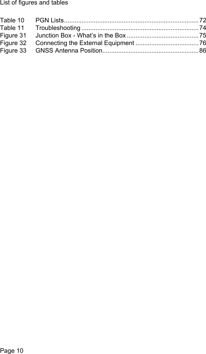 List of figures and tablesPage 10Table 10  PGN Lists............................................................................. 72Table 11  Troubleshooting ...................................................................74Figure 31  Junction Box - What’s in the Box ......................................... 75Figure 32  Connecting the External Equipment ....................................76Figure 33  GNSS Antenna Position....................................................... 86