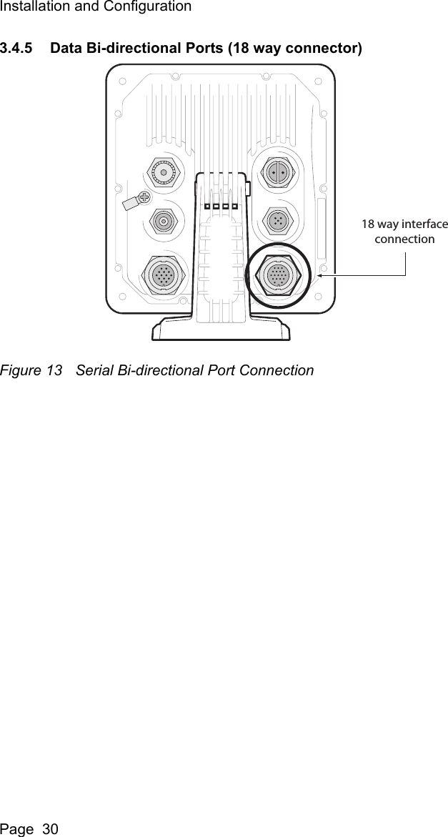 Installation and ConfigurationPage  303.4.5 Data Bi-directional Ports (18 way connector)Figure 13 Serial Bi-directional Port Connection18 way interfaceconnection