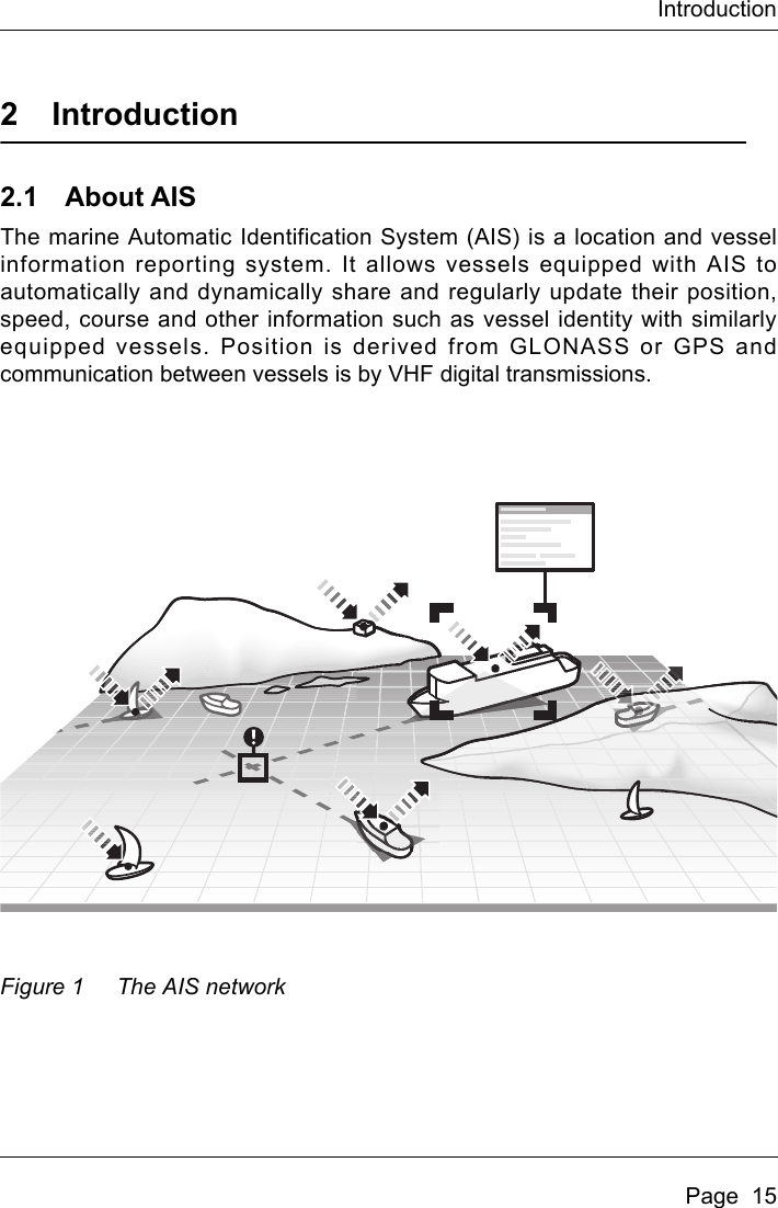 IntroductionPage  152 Introduction2.1 About AISThe marine Automatic Identification System (AIS) is a location and vesselinformation reporting system. It allows vessels equipped with AIS toautomatically and dynamically share and regularly update their position,speed, course and other information such as vessel identity with similarlyequipped vessels. Position is derived from GLONASS or GPS andcommunication between vessels is by VHF digital transmissions. Figure 1 The AIS network