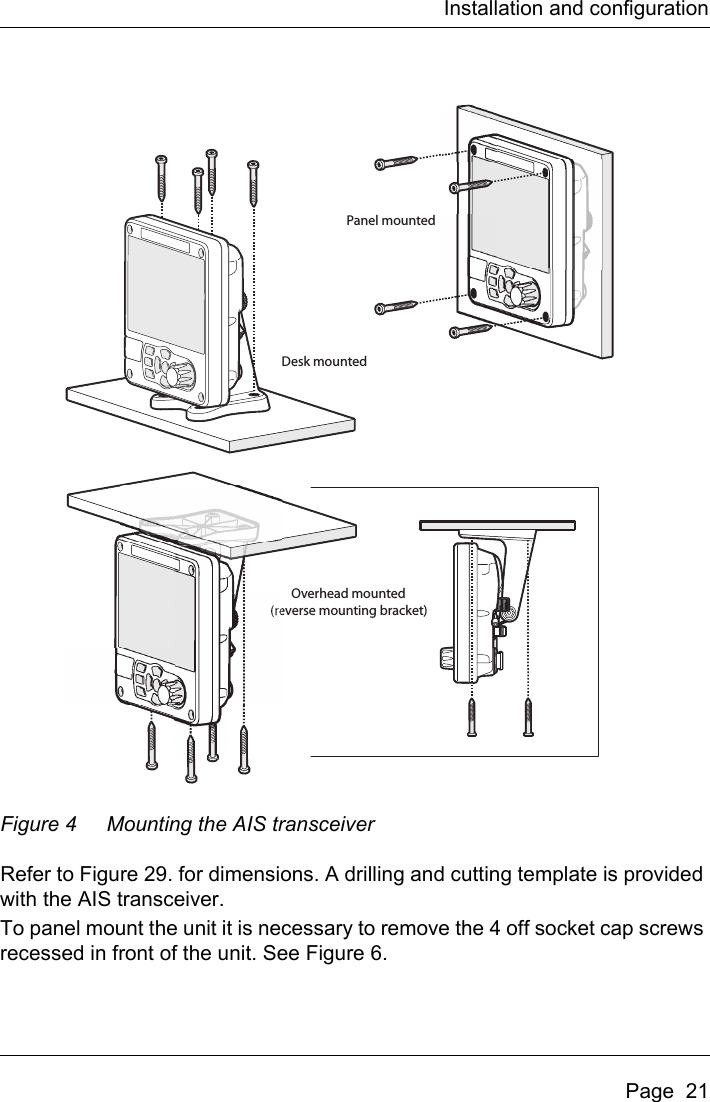 Installation and configurationPage  21Figure 4 Mounting the AIS transceiverRefer to Figure 29. for dimensions. A drilling and cutting template is provided with the AIS transceiver.To panel mount the unit it is necessary to remove the 4 off socket cap screws recessed in front of the unit. See Figure 6.Desk mountedPanel mountedOverhead mounted(reverse mounting bracket)