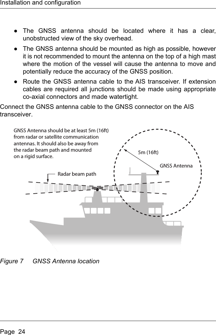 Installation and configurationPage  24●The GNSS antenna should be located where it has a clear,unobstructed view of the sky overhead.●The GNSS antenna should be mounted as high as possible, howeverit is not recommended to mount the antenna on the top of a high mastwhere the motion of the vessel will cause the antenna to move andpotentially reduce the accuracy of the GNSS position.●Route the GNSS antenna cable to the AIS transceiver. If extensioncables are required all junctions should be made using appropriateco-axial connectors and made watertight.Connect the GNSS antenna cable to the GNSS connector on the AIS transceiver.Figure 7 GNSS Antenna locationGNSS Antenna should be at least 5m (16ft)from radar or satellite communicationantennas. It should also be away fromthe radar beam path and mounted on a rigid surface.Radar beam pathGNSS Antenna5m (16ft)