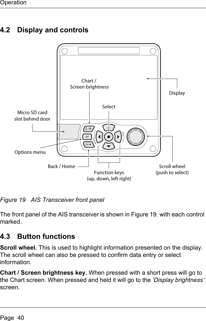 OperationPage  404.2 Display and controlsFigure 19 AIS Transceiver front panelThe front panel of the AIS transceiver is shown in Figure 19. with each control marked. 4.3 Button functionsScroll wheel. This is used to highlight information presented on the display. The scroll wheel can also be pressed to confirm data entry or select information. Chart / Screen brightness key. When pressed with a short press will go to the Chart screen. When pressed and held it will go to the ‘Display brightness’ screen.Scroll wheel(push to select)Function keys(up, down, left right)Back / HomeMicro SD cardslot behind doorChart / Screen brightnessSelectOptions menuDisplay