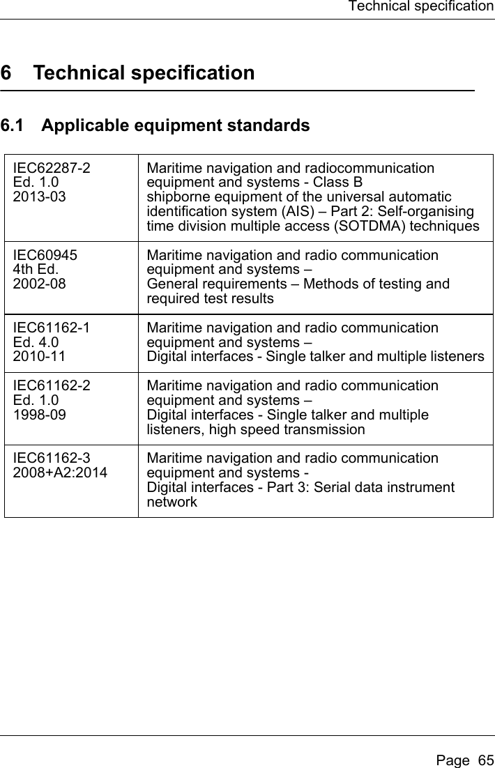 Technical specificationPage  656 Technical specification6.1 Applicable equipment standardsIEC62287-2Ed. 1.02013-03Maritime navigation and radiocommunication equipment and systems - Class Bshipborne equipment of the universal automatic identification system (AIS) – Part 2: Self-organising time division multiple access (SOTDMA) techniquesIEC609454th Ed.2002-08Maritime navigation and radio communication equipment and systems –General requirements – Methods of testing and required test resultsIEC61162-1Ed. 4.02010-11Maritime navigation and radio communication equipment and systems –Digital interfaces - Single talker and multiple listenersIEC61162-2Ed. 1.01998-09Maritime navigation and radio communication equipment and systems –Digital interfaces - Single talker and multiple listeners, high speed transmissionIEC61162-32008+A2:2014Maritime navigation and radio communication equipment and systems -Digital interfaces - Part 3: Serial data instrument network