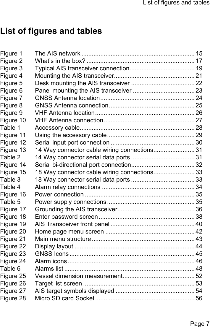 List of figures and tablesPage 7List of figures and tablesFigure 1  The AIS network .................................................................. 15Figure 2  What’s in the box? ............................................................... 17Figure 3  Typical AIS transceiver connection...................................... 19Figure 4  Mounting the AIS transceiver............................................... 21Figure 5  Desk mounting the AIS transceiver ..................................... 22Figure 6  Panel mounting the AIS transceiver .................................... 23Figure 7  GNSS Antenna location....................................................... 24Figure 8  GNSS Antenna connection.................................................. 25Figure 9  VHF Antenna location.......................................................... 26Figure 10  VHF Antenna connection..................................................... 27Table 1  Accessory cable................................................................... 28Figure 11  Using the accessory cable................................................... 29Figure 12  Serial input port connection ................................................. 30Figure 13  14 Way connector cable wiring connections........................ 31Table 2  14 Way connector serial data ports ..................................... 31Figure 14  Serial bi-directional port connection..................................... 32Figure 15  18 Way connector cable wiring connections........................ 33Table 3  18 Way connector serial data ports ..................................... 33Table 4  Alarm relay connections ...................................................... 34Figure 16  Power connection ................................................................ 35Table 5  Power supply connections ................................................... 35Figure 17  Grounding the AIS transceiver............................................. 36Figure 18  Enter password screen ........................................................ 38Figure 19  AIS Transceiver front panel ................................................. 40Figure 20  Home page menu screen .................................................... 42Figure 21  Main menu structure ............................................................ 43Figure 22  Display layout ...................................................................... 44Figure 23  GNSS Icons ......................................................................... 45Figure 24  Alarm icons .......................................................................... 46Table 6  Alarms list ............................................................................ 48Figure 25  Vessel dimension measurement.......................................... 52Figure 26  Target list screen ................................................................. 53Figure 27  AIS target symbols displayed .............................................. 54Figure 28  Micro SD card Socket .......................................................... 56