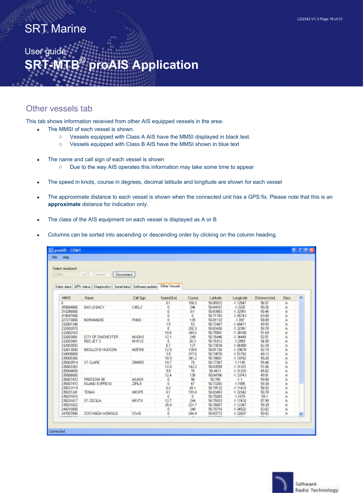   LD2342 V1.3 Page 16 of 21 SRT Marine  User guide SRT-MTB© proAIS Application Other vessels tab This tab shows information received from other AIS equipped vessels in the area. •  The MMSI of each vessel is shown.  o  Vessels equipped with Class A AIS have the MMSI displayed in black text.  o  Vessels equipped with Class B AIS have the MMSI shown in blue text •  The name and call sign of each vessel is shown o  Due to the way AIS operates this information may take some time to appear •  The speed in knots, course in degrees, decimal latitude and longitude are shown for each vessel •  The approximate distance to each vessel is shown when the connected unit has a GPS fix. Please note that this is an approximate distance for indication only. •  The class of the AIS equipment on each vessel is displayed as A or B •  Columns can be sorted into ascending or descending order by clicking on the column heading.  