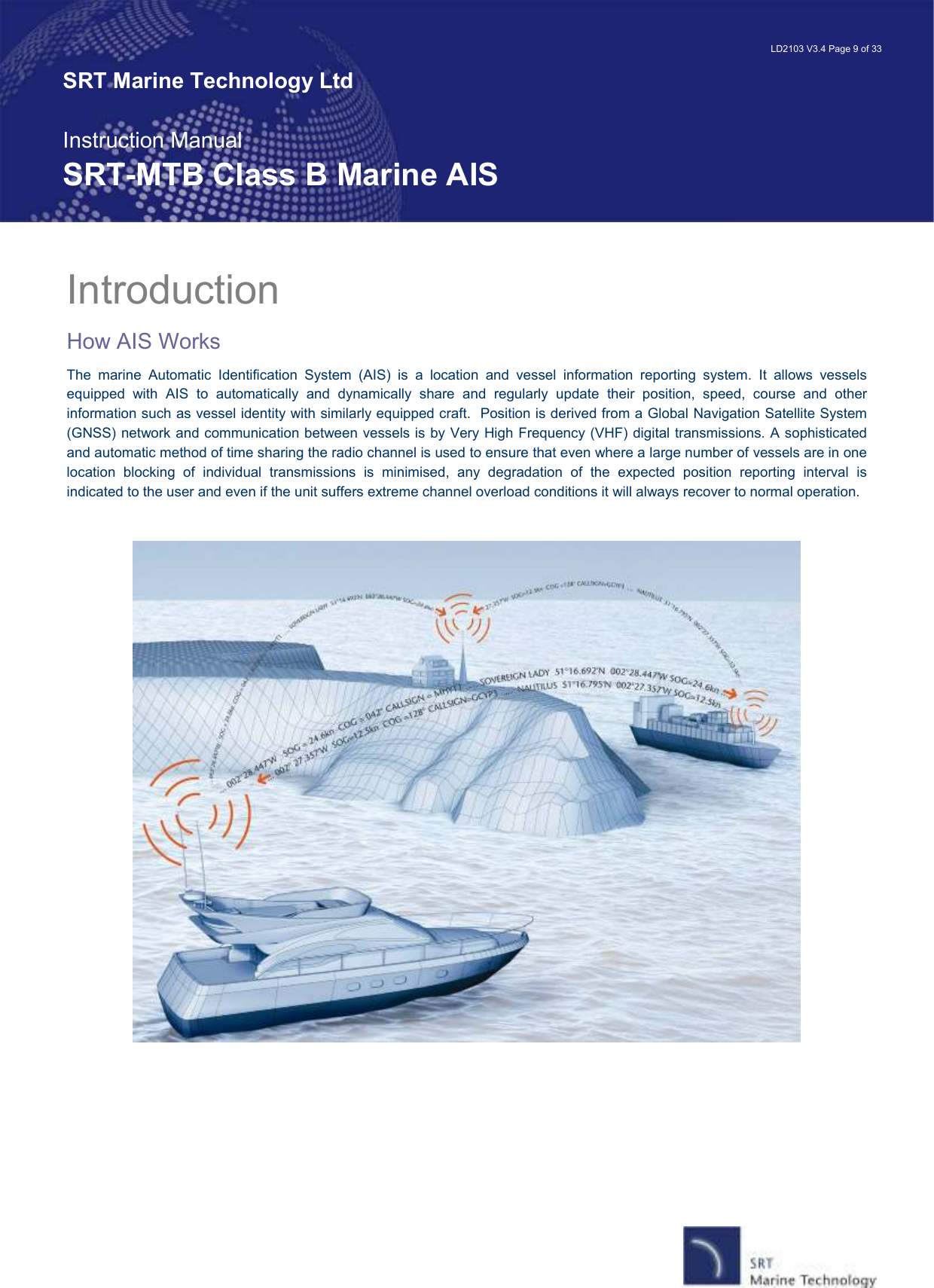   LD2103 V3.4 Page 9 of 33 SRT Marine Technology Ltd  Instruction Manual SRT-MTB Class B Marine AIS Introduction How AIS Works The  marine  Automatic  Identification  System  (AIS)  is  a  location  and  vessel  information  reporting  system.  It  allows  vessels equipped  with  AIS  to  automatically  and  dynamically  share  and  regularly  update  their  position,  speed,  course  and  other information such as vessel identity with similarly equipped craft.  Position is derived from a Global Navigation Satellite System (GNSS) network and communication between vessels is by Very High Frequency (VHF) digital transmissions. A sophisticated and automatic method of time sharing the radio channel is used to ensure that even where a large number of vessels are in one location  blocking  of  individual  transmissions  is  minimised,  any  degradation  of  the  expected  position  reporting  interval  is indicated to the user and even if the unit suffers extreme channel overload conditions it will always recover to normal operation.       