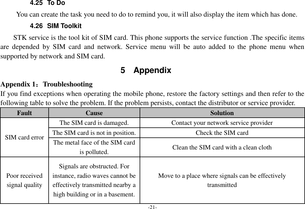 -21- 4.25  To Do      You can create the task you need to do to remind you, it will also display the item which has done. 4.26  SIM Toolkit STK service is the tool kit of SIM card. This phone supports the service function .The specific items are  depended  by  SIM  card  and  network.  Service  menu  will  be  auto  added  to  the  phone  menu  when supported by network and SIM card. 5  Appendix Appendix 1：Troubleshooting If you find exceptions when operating the mobile phone, restore the factory settings and then refer to the following table to solve the problem. If the problem persists, contact the distributor or service provider. Fault Cause Solution SIM card error The SIM card is damaged. Contact your network service provider The SIM card is not in position. Check the SIM card The metal face of the SIM card is polluted. Clean the SIM card with a clean cloth Poor received signal quality Signals are obstructed. For instance, radio waves cannot be effectively transmitted nearby a high building or in a basement. Move to a place where signals can be effectively transmitted 