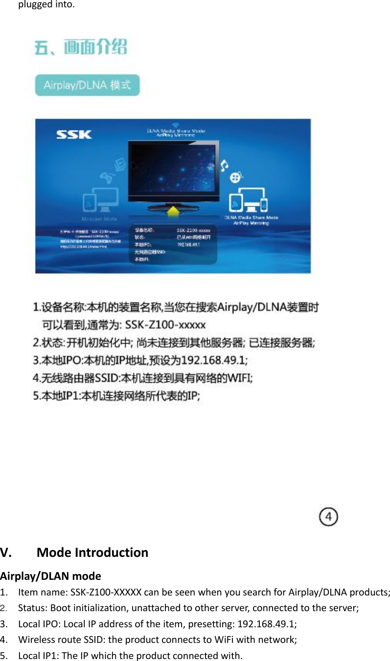 plugged into.  V. Mode Introduction Airplay/DLAN mode 1. Item name: SSK-Z100-XXXXX can be seen when you search for Airplay/DLNA products; 2. Status: Boot initialization, unattached to other server, connected to the server; 3. Local IPO: Local IP address of the item, presetting: 192.168.49.1; 4. Wireless route SSID: the product connects to WiFi with network; 5. Local IP1: The IP which the product connected with.  