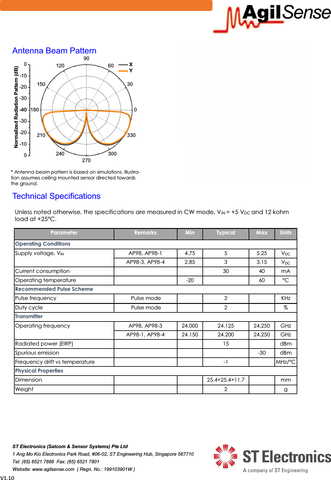 sϭ͘ϭϬ$QWHQQD%HDP3DWWHUQ7HFKQLFDO6SHFLILFDWLRQVUnless noted otherwise, the specifications are measured in CW mode, VIN = +5 VDC and 12 kohm load at +25&deg;C. Parameter  Remarks  Min  Typical  Max  Units Operating Conditions Supply voltage, VIN   AP98, AP98-1  4.75  5  5.25  VDCAP98-3, AP98-4  2.85  3  3.15  VDCCurrent consumption        30  40  mA Operating temperature     -20     60  &deg;C Recommended Pulse Scheme Pulse frequency   Pulse mode     2     KHz Duty cycle   Pulse mode     2     % Transmitter Operating frequency  AP98, AP98-3  24.000  24.125  24.250  GHz AP98-1, AP98-4  24.150  24.200  24.250  GHz Radiated power (EIRP)        15     dBm Spurious emission            -30  dBm Frequency drift vs temperature      -1    MHz/&deg;C Physical Properties Dimension        25.4&times;25.4&times;11.7     mm Weight        2     g %ORFN'LDJUDP67(OHFWURQLFV6DWFRP6HQVRU6\VWHPV3WH/WG$QJ0R.LR(OHFWURQLFV3DUN5RDG-67(QJLQHHULQJ+XE6LQJDSRUH7HO)D[   :HEVLWHZZZDJLOVHQVHFRP5HJQ1R:* Antenna beam pattern is based on simulations. Illustra-tion assumes ceiling mounted sensor directed towards the ground. 0306090120150180210240270300330-40-30-20-100-40-30-20-100 Normalized Radiation Pattern (dB)XY
