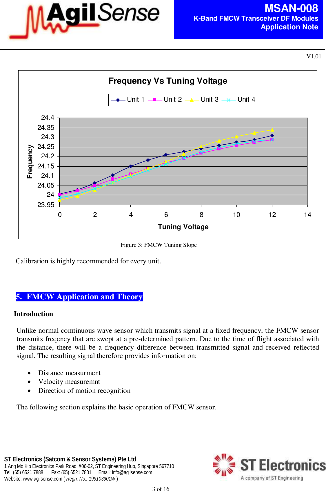  3 of 16   MSAN-008 K-Band FMCW Transceiver DF Modules   Application Note V1.01 ST Electronics (Satcom &amp; Sensor Systems) Pte Ltd 1 Ang Mo Kio Electronics Park Road, #06-02, ST Engineering Hub, Singapore 567710 Tel: (65) 6521 7888  Fax: (65) 6521 7801  Email: info@agilsense.com Website: www.agilsense.com ( Regn. No.: 199103901W )     Frequency Vs Tuning Voltage23.952424.0524.124.1524.224.2524.324.3524.40 2 4 6 8 10 12 14Tuning VoltageFrequencyUnit 1 Unit 2 Unit 3 Unit 4                                                                  Figure 3: FMCW Tuning Slope  Calibration is highly recommended for every unit.    5. FMCW Application and Theory   Introduction   Unlike normal comtinuous wave sensor which transmits signal at a fixed frequency, the FMCW sensor transmits freqency that are swept at a pre-determined pattern. Due to the time of flight associated with the  distance,  there  will  be  a  frequency  difference  between  transmitted  signal  and  received  reflected signal. The resulting signal therefore provides information on:   Distance measurment  Velocity measuremnt  Direction of motion recognition  The following section explains the basic operation of FMCW sensor.       