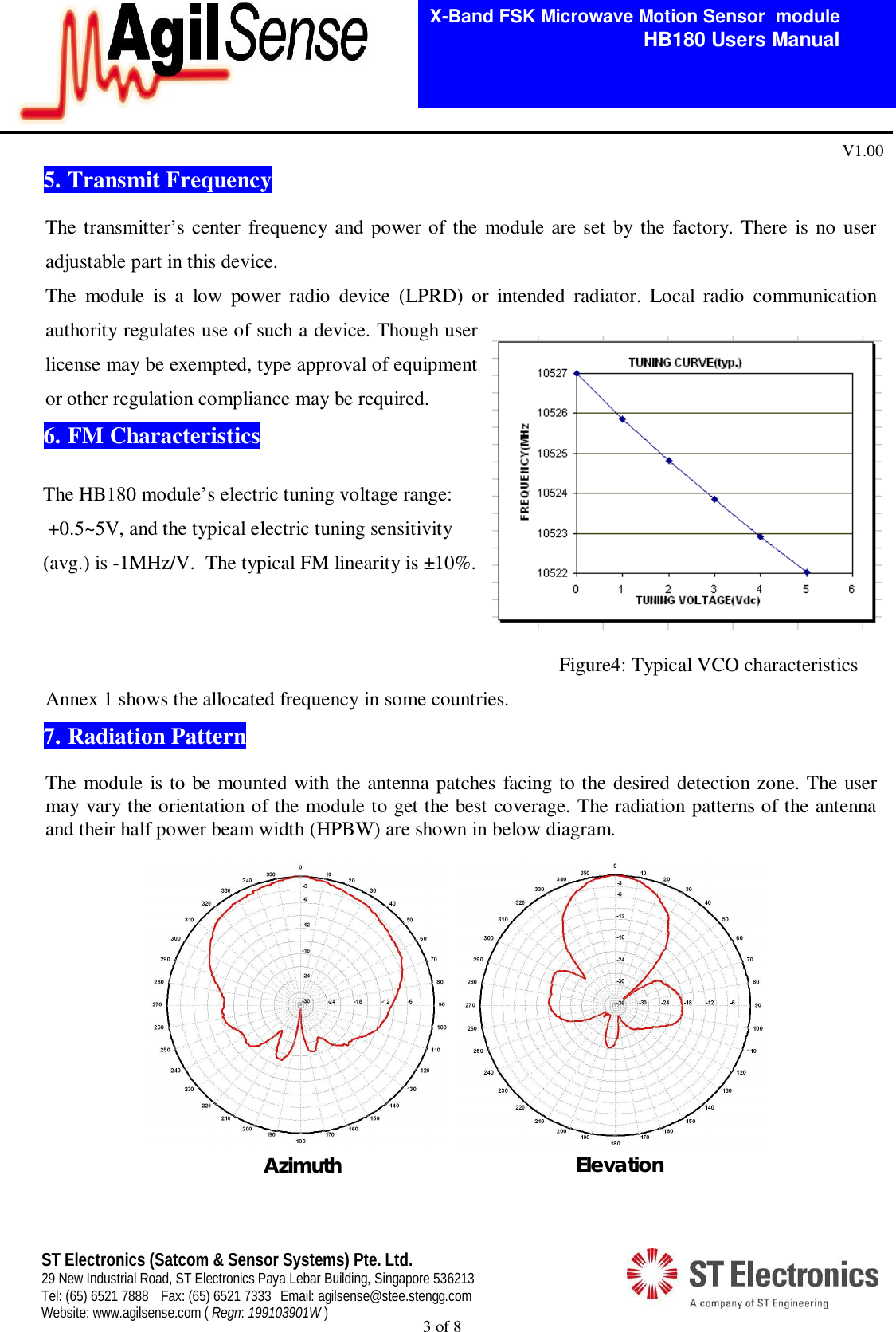  3 of 8   X-Band FSK Microwave Motion Sensor  module                                         HB180 Users Manual V1.00 ST Electronics (Satcom &amp; Sensor Systems) Pte. Ltd. 29 New Industrial Road, ST Electronics Paya Lebar Building, Singapore 536213 Tel: (65) 6521 7888  Fax: (65) 6521 7333  Email: agilsense@stee.stengg.com Website: www.agilsense.com ( Regn: 199103901W ) 5. Transmit Frequency  The transmitter&rsquo;s center  frequency and power of  the  module are set by the factory. There  is  no user adjustable part in this device. The  module  is  a  low  power  radio  device  (LPRD)  or  intended  radiator.  Local  radio  communication authority regulates use of such a device. Though user license may be exempted, type approval of equipment or other regulation compliance may be required.  6. FM Characteristics           The HB180 module&rsquo;s electric tuning voltage range:           +0.5~5V, and the typical electric tuning sensitivity          (avg.) is -1MHz/V.  The typical FM linearity is &plusmn;10%.                                                                                                                                             Figure4: Typical VCO characteristics Annex 1 shows the allocated frequency in some countries. 7. Radiation Pattern  The module is to be mounted with the antenna patches facing to the desired detection zone. The user may vary the orientation of the module to get the best coverage. The radiation patterns of the antenna and their half power beam width (HPBW) are shown in below diagram.               Azimuth Azimuth    Elevation 