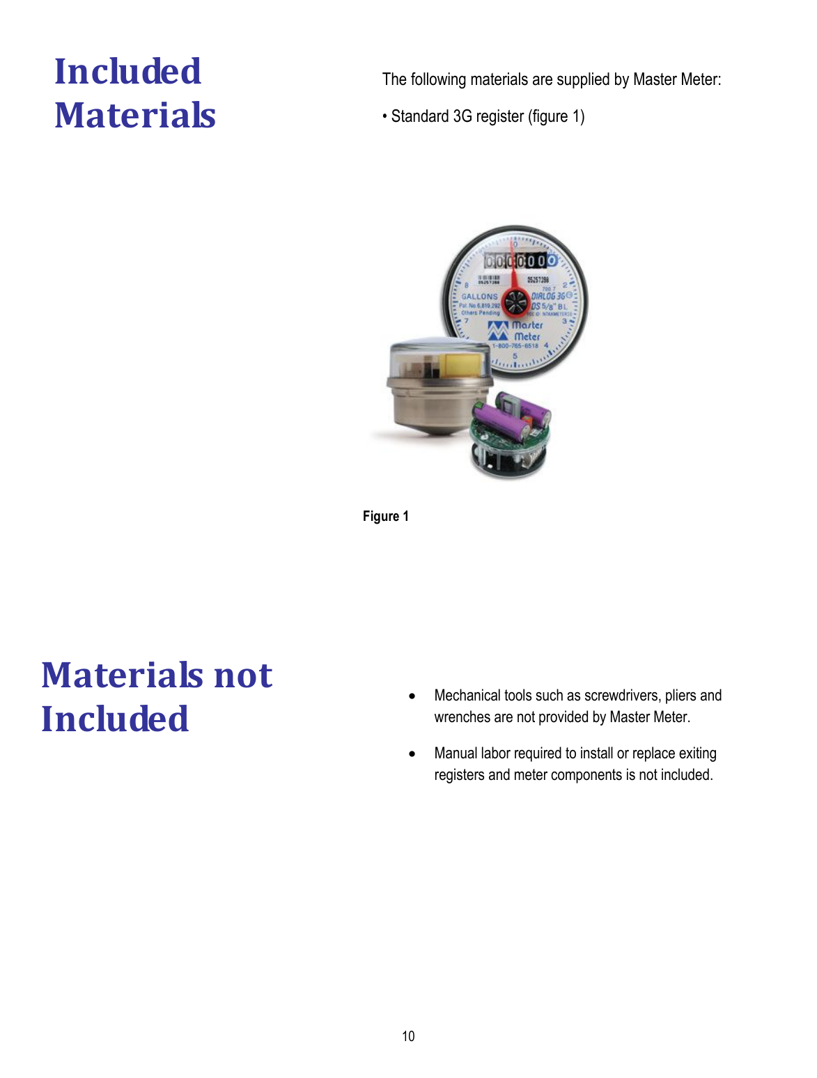  10  The following materials are supplied by Master Meter: • Standard 3G register (figure 1)            • Mechanical tools such as screwdrivers, pliers and wrenches are not provided by Master Meter.  • Manual labor required to install or replace exiting registers and meter components is not included. Included Materials Figure 1 Materials not Included 