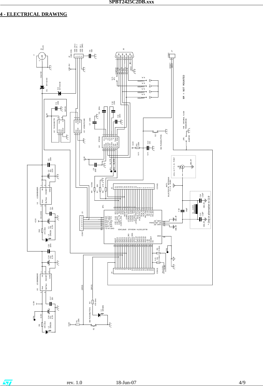 SPBT2425C2DB.xxx                                                      rev. 1.0                           18-Jun-07                                                                                 4/9            4 - ELECTRICAL DRAWING                                                                only on P.C.B. PC857GPIO5S2SW PUSHBUTTONTP4C1939pFC6NMGPIO3R40 OhmC122u6.3VVin (3.3V)RESETL2GREENJ2USB CON.1234+2.8VL1GREENR2470 OhmR1100KN.M.N.M.+3.3VU5 LD2985BM28RVin 1GND 2By Pass4Vout5INHIBIT 3D1 BYV10-60R50 OhmJP3JUMPERC15100nPC_RTSJP2JUMPERJP4JUMPERC1610u6.3VN.M.R9470 OhmC1710nN.M.GND_RF+2.8VC1822u6.3VGND_RF+2.8VVext+5V+3.3VC8100n+3.3VN.M.U4 ST3232C1- 3C2+ 4C2- 5V- 6T2out 7R2in 8R2out9T2in10GND15T1out14C1+ 1T1in11V+ 2R1in13R1out12Vcc16* Only in alternative to C19C9 100nN.M.C10100nC7 100nR6 0 OhmN.M.U2 74V1G66CTRI/O1O/I2GND3C4Vcc 5C11100nTP1PC_RXJ1PLUG132C5100nANT1BLUETOOTH  ANTENNAJP6JUMPERD2BYV10-60M_C TSM_R TSJ6594837261PC_TXI1 2.2nHBOOTR7 15KR10470 OhmR8 2.7KJ7CON212U1 LD2985BM33RVin 1GND 2ByPass4Vout5INHIBIT 3USB +5VNM = NOT MOUNTEDL3GREENGPIO1R3100KFOR  INTERNAL FLASHPROGRAMMINGC1210nBT1BLUETOOTH  MODULE   SPBT2425GPIO030GPIO131GPIO232GPIO333GPIO434GPIO535GPIO6_WU36GPIO737GPIO8_RES38GPIO939GPIO11411.8V46GPIO1242GPIO1343GPIO1444GPIO1545(JTAG1)  TDI 11(JTAG4)  TDO 14(J TAG2)  TMS 12(JTAG0)  NTRST 10(J TAG3)  TC K 13(I2C_DAT)   I2C0 20(I2C_CLK)   I2C1 21INT2 17PCM_SY NC 8PCM_CLK 9PCM_A 6PCM_B 7USB_DN 22USB_DP 23(UART1_RX)   RXD 18(UART1_TX)  TXD 1913 MHz out 15LP_CLK40SPI_FRM 24SPI_CLK 25SPI_TXD 26SPI_RXD 27Vin49GND (H.Q.) 28RESET 16BOOT29GND_RF51BT_ANTENNA52GND_RF53RX_EN 1PA_EN 2PA_V1 3PA_V0 4ANT_SW 52.8V47INHIBIT48GND50J8SMAC210u6.3VGND_RF GND_RFPC_CTSPC DTRJP5JUMPERPC DSRGND_RFC131.2pFUSB (D-)USB (GND)TP2P.C.B. PC856USB (D+)USB (Vcc)J5CON21123456789101112131415161718192021GNDJ4CON21123456789101112131415161718192021J3CON71234567C410nVin (3.3V)TP3U3 USBUF01W6D11GND2D23D3 43.3V 5D4 6JP1 JUMPERC3100nS1SW PUSHBUTTONC141.2pF+3.3V+3.3VN.M.