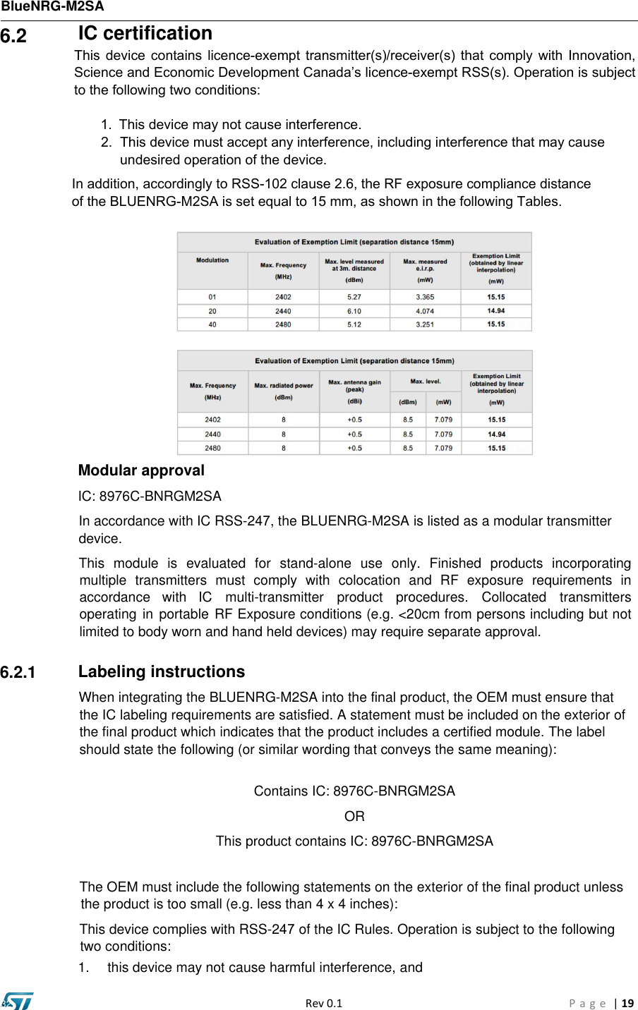 BlueNRG-M2SA 32 Rev 0.1  P a g e  | 19  6.2 IC certification This  device contains  licence-exempt  transmitter(s)/receiver(s)  that  comply with  Innovation, Science and Economic Development Canada’s licence-exempt RSS(s). Operation is subject to the following two conditions:1. This device may not cause interference.2. This device must accept any interference, including interference that may causeundesired operation of the device.6.2.1 Modular approval IC: 8976C-BNRGM2SA In accordance with IC RSS-247, the BLUENRG-M2SA is listed as a modular transmitter device. This  module  is  evaluated  for  stand-alone  use  only.  Finished  products  incorporating multiple  transmitters  must  comply  with  colocation  and  RF  exposure  requirements  in accordance  with  IC  multi-transmitter  product  procedures.  Collocated  transmitters operating  in  portable RF Exposure conditions (e.g. &lt;20cm from persons including but not limited to body worn and hand held devices) may require separate approval. Labeling instructions When integrating the BLUENRG-M2SA into the final product, the OEM must ensure that the IC labeling requirements are satisfied. A statement must be included on the exterior of the final product which indicates that the product includes a certified module. The label should state the following (or similar wording that conveys the same meaning): Contains IC: 8976C-BNRGM2SA  OR This product contains IC: 8976C-BNRGM2SA The OEM must include the following statements on the exterior of the final product unless the product is too small (e.g. less than 4 x 4 inches): This device complies with RSS-247 of the IC Rules. Operation is subject to the following two conditions:  1. this device may not cause harmful interference, andIn addition, accordingly to RSS-102 clause 2.6, the RF exposure compliance distance of the BLUENRG-M2SA is set equal to 15 mm, as shown in the following Tables.