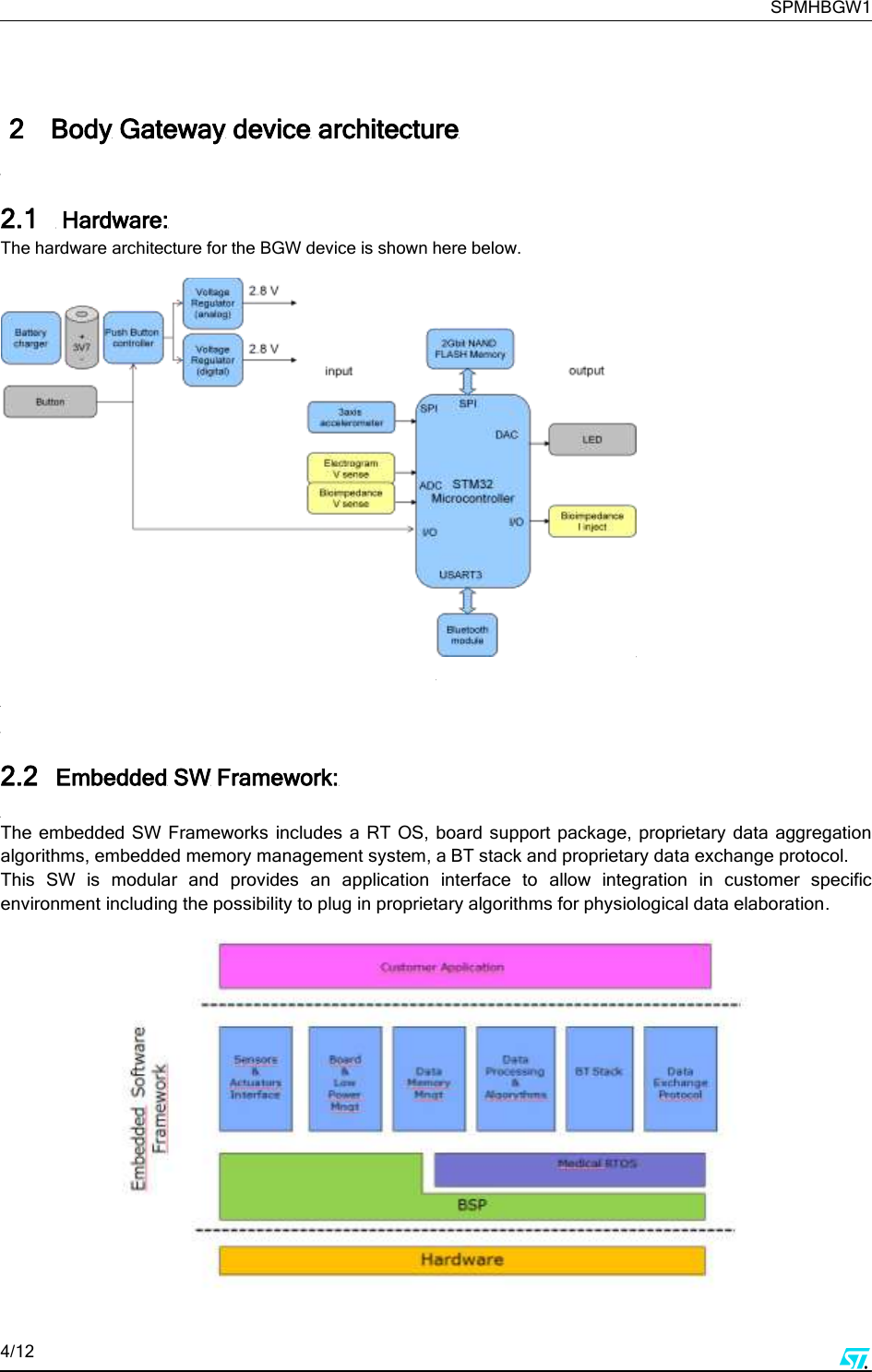     SPMHBGW1 4/12         2 Body Gateway device architecture  2.1  Hardware: The hardware architecture for the BGW device is shown here below.      2.2 Embedded SW Framework:  The embedded SW Frameworks  includes a RT OS,  board  support package,  proprietary  data aggregation algorithms, embedded memory management system, a BT stack and proprietary data exchange protocol. This  SW  is  modular  and  provides  an  application  interface  to  allow  integration  in  customer  specific environment including the possibility to plug in proprietary algorithms for physiological data elaboration.      