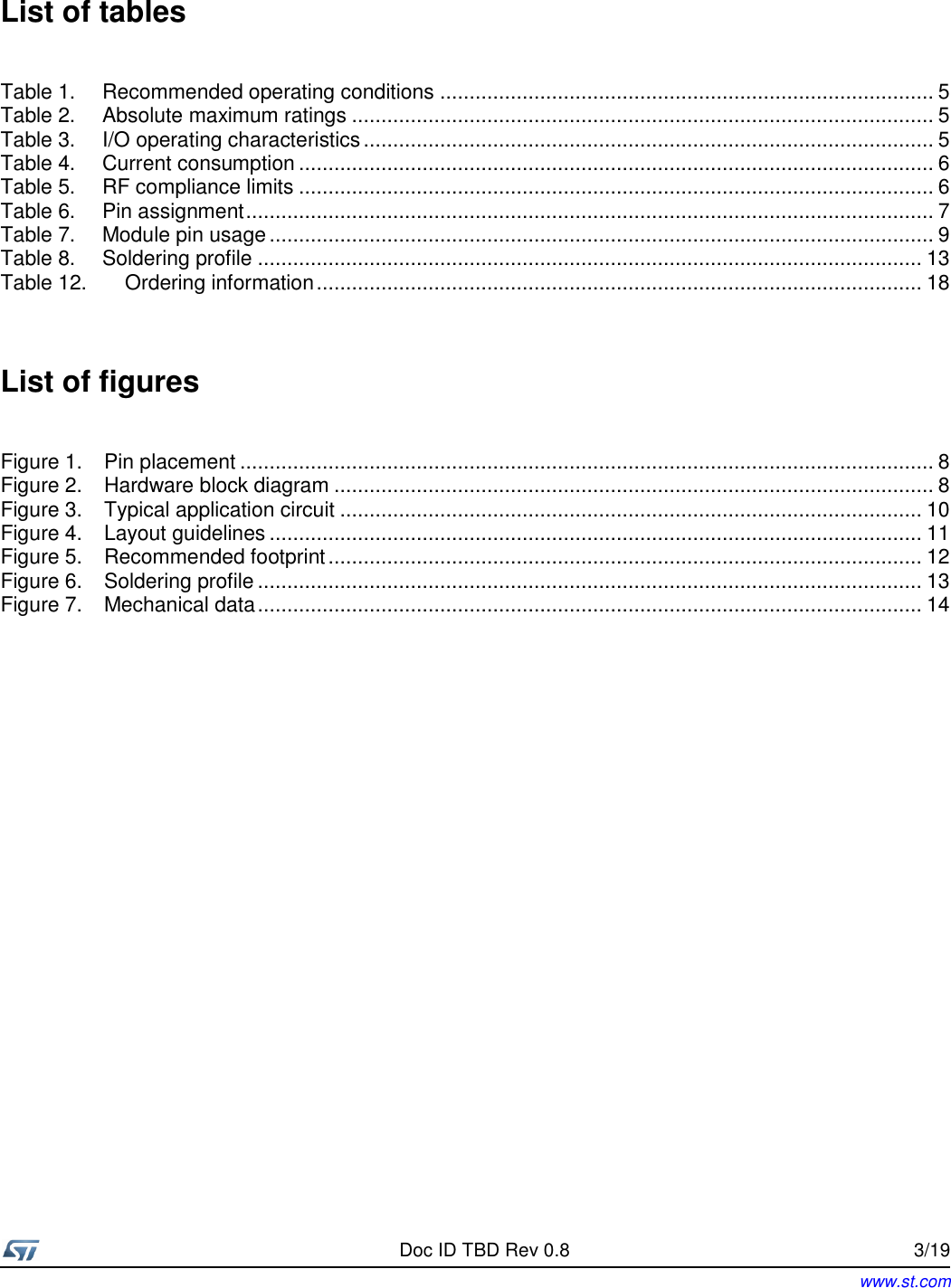     Doc ID TBD Rev 0.8  Rev 0.1 3/19 www.st.com  List of tables Table 1. Recommended operating conditions .................................................................................... 5 Table 2. Absolute maximum ratings ................................................................................................... 5 Table 3. I/O operating characteristics ................................................................................................. 5 Table 4. Current consumption ............................................................................................................ 6 Table 5. RF compliance limits ............................................................................................................ 6 Table 6. Pin assignment ..................................................................................................................... 7 Table 7. Module pin usage ................................................................................................................. 9 Table 8. Soldering profile ................................................................................................................. 13 Table 12. Ordering information ....................................................................................................... 18   List of figures Figure 1. Pin placement ...................................................................................................................... 8 Figure 2. Hardware block diagram ...................................................................................................... 8 Figure 3. Typical application circuit ................................................................................................... 10 Figure 4. Layout guidelines ............................................................................................................... 11 Figure 5. Recommended footprint ..................................................................................................... 12 Figure 6. Soldering profile ................................................................................................................. 13 Figure 7. Mechanical data ................................................................................................................. 14     