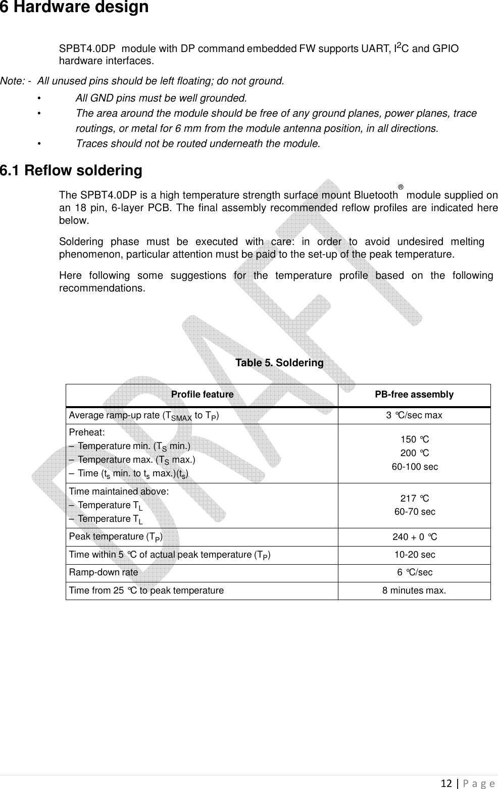  12 | P a g e   6 Hardware design  SPBT4.0DP  module with DP command embedded FW supports UART, I2C and GPIO hardware interfaces.  Note: -  All unused pins should be left floating; do not ground.  •  All GND pins must be well grounded.  •  The area around the module should be free of any ground planes, power planes, trace routings, or metal for 6 mm from the module antenna position, in all directions.  •  Traces should not be routed underneath the module.   6.1 Reflow soldering  The SPBT4.0DP is a high temperature strength surface mount Bluetooth® module supplied on an 18 pin, 6-layer PCB. The final assembly recommended reflow profiles are indicated here below.  Soldering  phase  must  be  executed  with  care:  in  order  to  avoid  undesired  melting phenomenon, particular attention must be paid to the set-up of the peak temperature.  Here  following  some  suggestions  for  the  temperature  profile  based  on  the  following recommendations.      Table 5. Soldering   Profile feature PB-free assembly Average ramp-up rate (TSMAX to TP) 3 °C/sec max Preheat: – Temperature min. (TS min.) – Temperature max. (TS max.) – Time (ts min. to ts max.)(ts)  150 °C 200 °C 60-100 sec Time maintained above: – Temperature TL – Temperature TL  217 °C 60-70 sec Peak temperature (TP)  240 + 0 °C Time within 5 °C of actual peak temperature (TP)  10-20 sec Ramp-down rate  6 °C/sec Time from 25 °C to peak temperature  8 minutes max.               