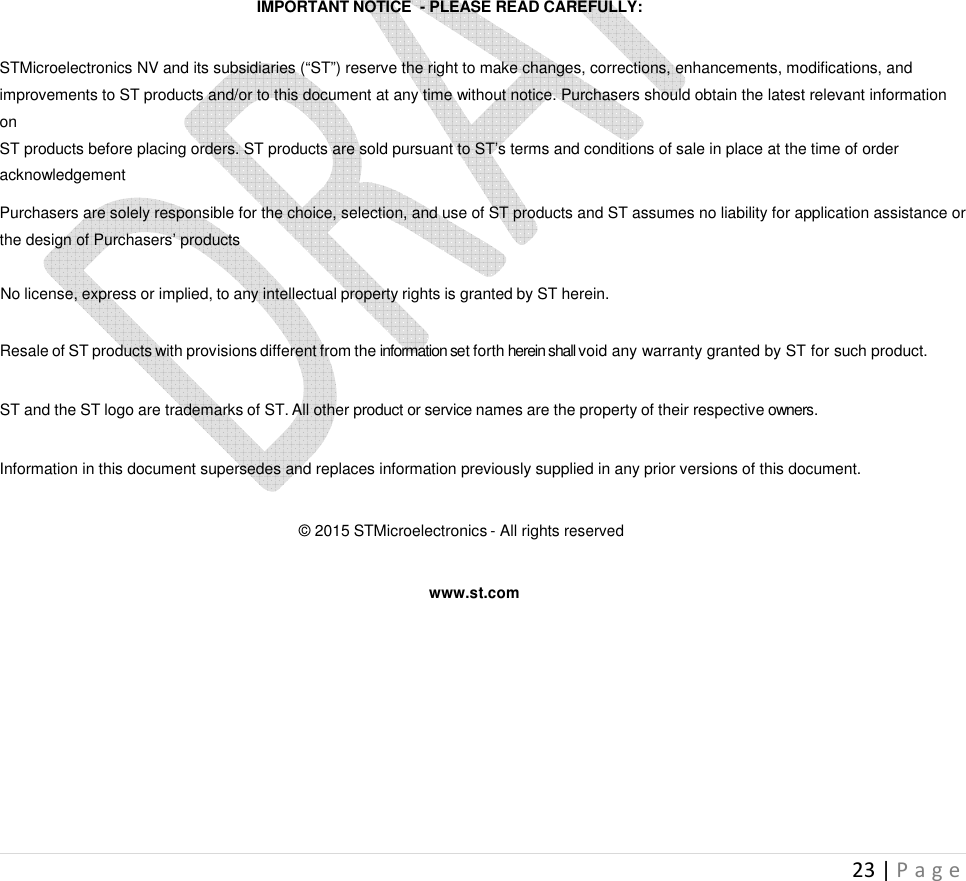  23 | P a g e                                    IMPORTANT NOTICE  - PLEASE READ CAREFULLY:    STMicroelectronics NV and its subsidiaries (“ST”) reserve the right to make changes, corrections, enhancements, modifications, and improvements to ST products and/or to this document at any time without notice. Purchasers should obtain the latest relevant information on ST products before placing orders. ST products are sold pursuant to ST’s terms and conditions of sale in place at the time of order acknowledgement  Purchasers are solely responsible for the choice, selection, and use of ST products and ST assumes no liability for application assistance or the design of Purchasers’ products   No license, express or implied, to any intellectual property rights is granted by ST herein.   Resale of ST products with provisions different from the information set forth herein shall void any warranty granted by ST for such product.   ST and the ST logo are trademarks of ST. All other product or service names are the property of their respective owners.   Information in this document supersedes and replaces information previously supplied in any prior versions of this document.   © 2015 STMicroelectronics - All rights reserved    www.st.com        