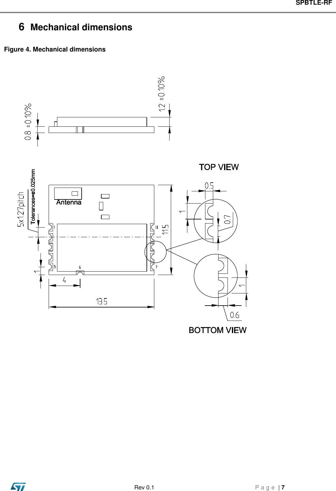 SPBTLE-RF   Rev 0.1  P a g e  | 7    6  Mechanical dimensions  Figure 4. Mechanical dimensions                  