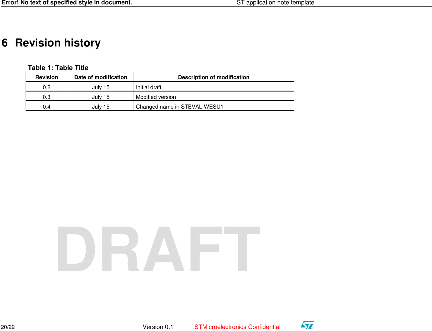 Error! No text of specified style in document.    ST application note template 20/22   Version 0.1  STMicroelectronics Confidential   DRAFT 6 Revision history Table 1: Table Title Revision Date of modification  Description of modification  0.2 July 15 Initial draft  0.3 July 15 Modified version 0.4 July 15 Changed name in STEVAL-WESU1                     