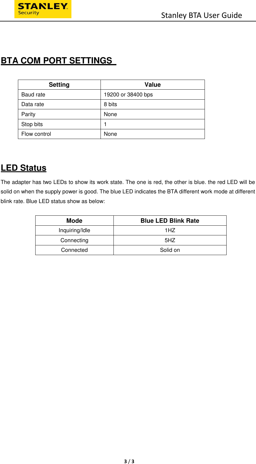                                           Stanley BTA User Guide  3 / 3    BTA COM PORT SETTINGS    Setting  Value Baud rate  19200 or 38400 bps Data rate  8 bits Parity  None Stop bits  1 Flow control  None   LED Status The adapter has two LEDs to show its work state. The one is red, the other is blue. the red LED will be solid on when the supply power is good. The blue LED indicates the BTA different work mode at different blink rate. Blue LED status show as below:  Mode Blue LED Blink Rate Inquiring/Idle  1HZ Connecting  5HZ Connected  Solid on  