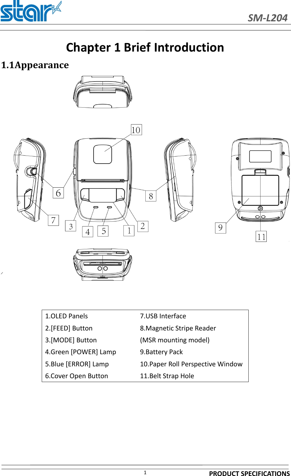 SM-L204PRODUCT SPECIFICATIONS1Chapter 1 Brief Introduction1.1Appearance1.OLED Panels 7.USB Interface2.[FEED] Button 8.Magnetic Stripe Reader3.[MODE] Button (MSR mounting model)4.Green [POWER] Lamp 9.Battery Pack5.Blue [ERROR] Lamp 10.Paper Roll Perspective Window6.Cover Open Button 11.Belt Strap Hole