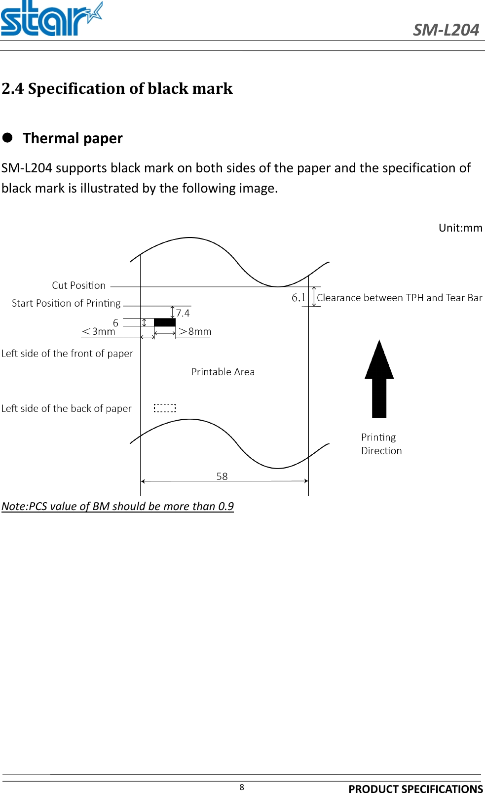 SM-L204PRODUCT SPECIFICATIONS82.4 Specification of black markThermal paperSM-L204 supports black mark on both sides of the paper and the specification ofblack mark is illustrated by the following image.Unit:mmNote:PCS value of BM should be more than 0.9