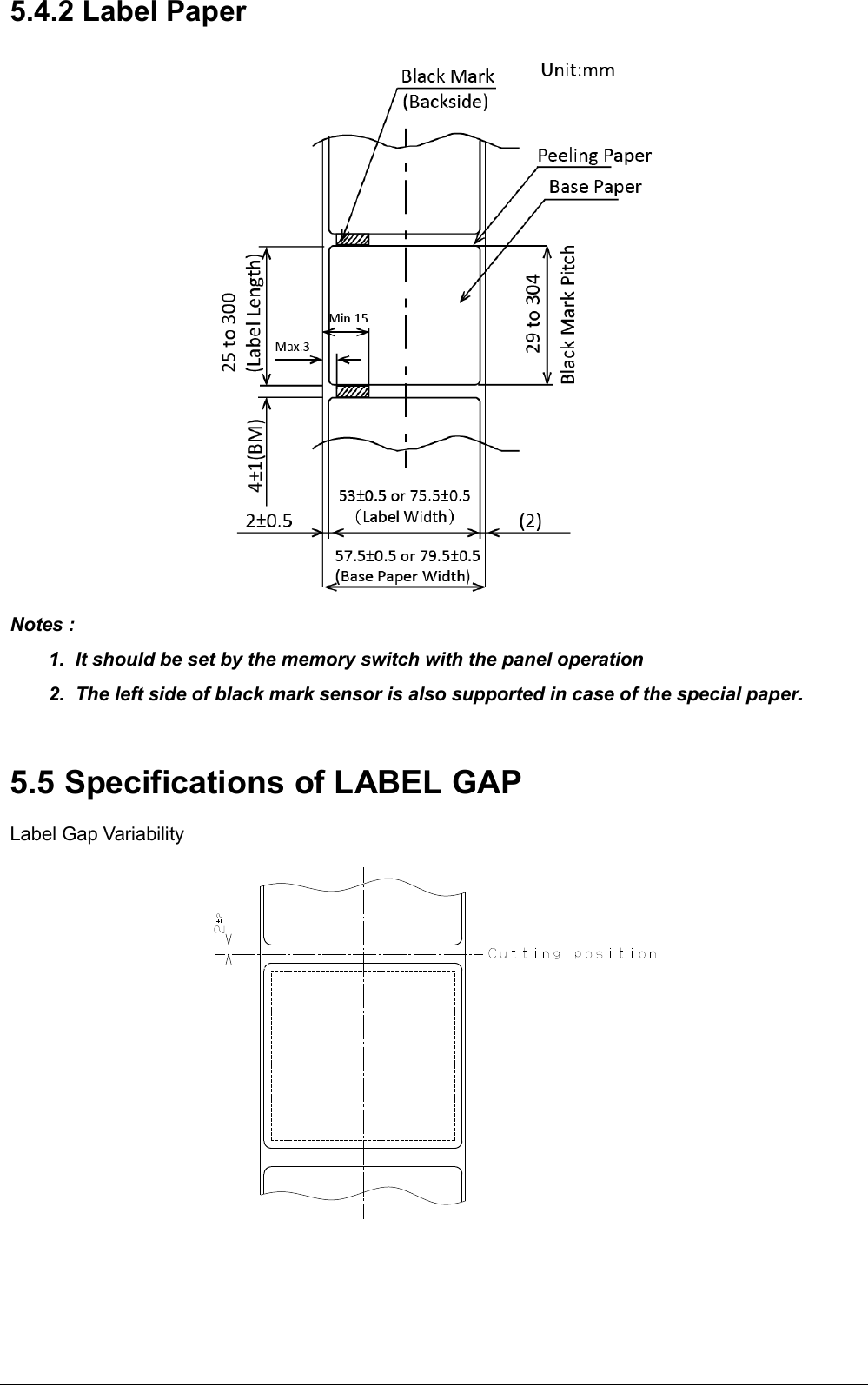   5.4.2 Label Paper  Notes :  1.  It should be set by the memory switch with the panel operation 2.  The left side of black mark sensor is also supported in case of the special paper.  5.5 Specifications of LABEL GAP  Label Gap Variability     