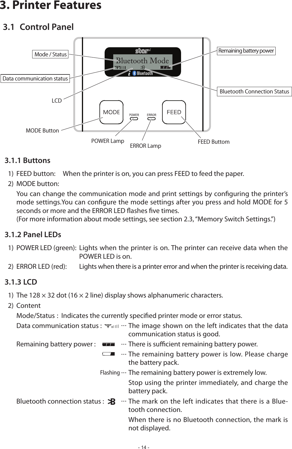 - 14 -3. Printer Features3.1  Control Panel3.1.1 Buttons1)  FEED button:     When the printer is on, you can press FEED to feed the paper.2)  MODE button: seconds or more and the ERROR LED ashes ve times.  (For more information about mode settings, see section 2.3, “Memory Switch Settings.”)3.1.2 Panel LEDs1) POWER LED (green): Lights when the printer is on. The printer can receive data when the POWER LED is on.2)  ERROR LED (red):  Lights when there is a printer error and when the printer is receiving data.3.1.3 LCD1)  The 128 × 32 dot (16 × 2 line) display shows alphanumeric characters.2) Content :  Indicates the currently specied printer mode or error status.Data communication status :  ... The image shown on the left indicates that the data communication status is good.Remaining battery power :  ... There is sucient remaining battery power. ... The remaining battery power is low. Please charge the battery pack.                                                       Flashing ... The remaining battery power is extremely low.   Stop using the printer immediately, and charge the battery pack.Bluetooth connection status :  ... The mark on the left indicates that there is a Blue-tooth connection.                              When there is no Bluetooth connection, the mark is not displayed.Bluetooth Mode     