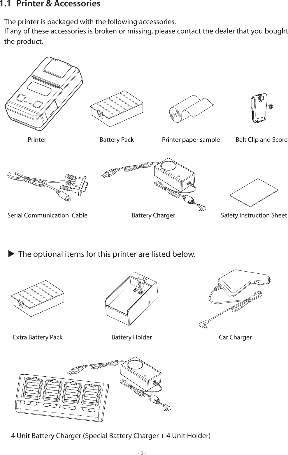 - 2 -1.1  Printer &amp; AccessoriesThe printer is packaged with the following accessories.If any of these accessories is broken or missing, please contact the dealer that you bought the product.u The optional items for this printer are listed below.Battery PackSerial Communication  CablePrinter paper samplePrinterBattery Charger Safety Instruction SheetExtra Battery Pack Battery HolderBelt Clip and ScoreCar Charger