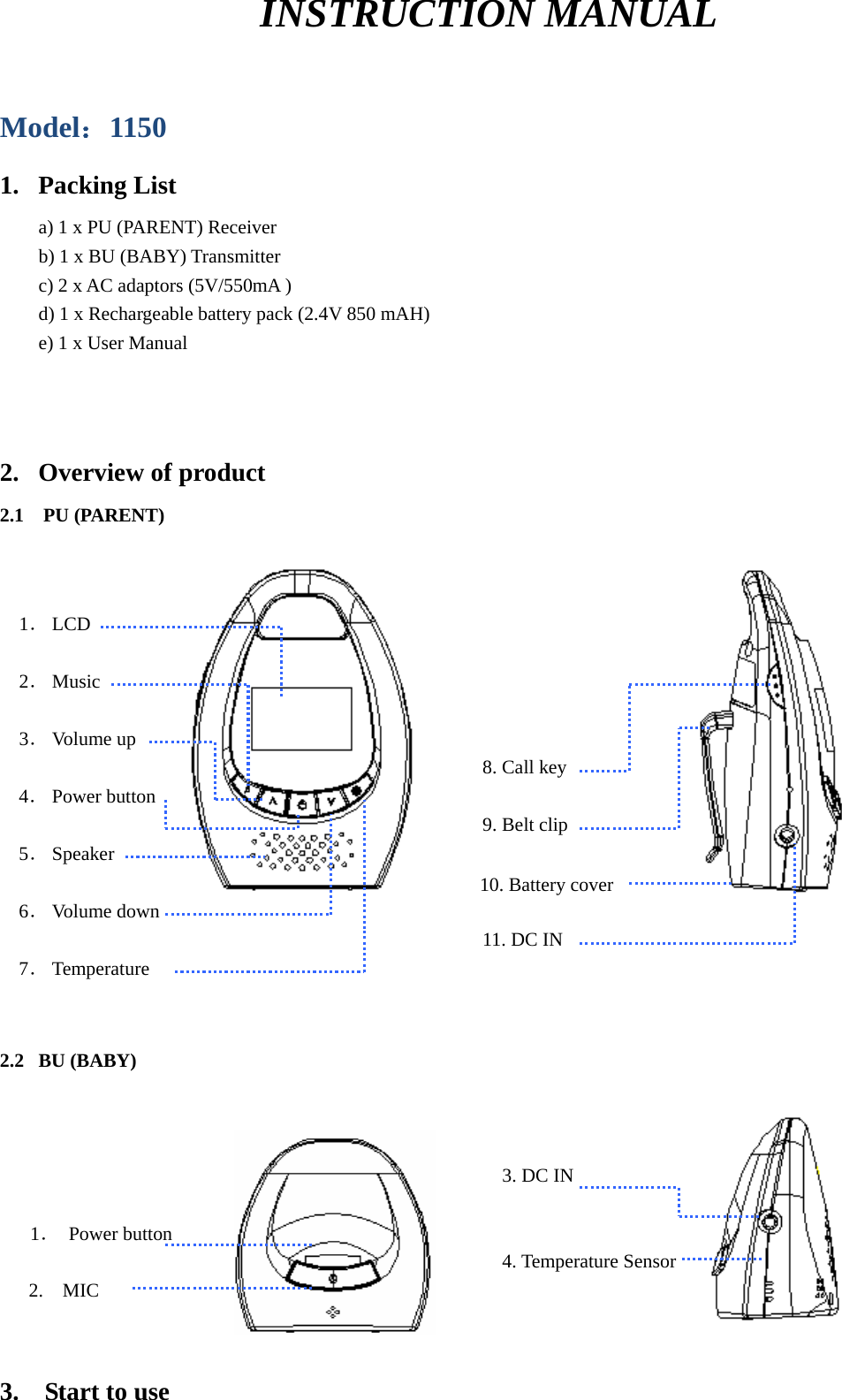    1． LCD  2． Music  3． Volume up                                                 8. Call key 4． Power button                                                 9. Belt clip 5． Speaker  6． Volume down                                                  11. DC IN 7． Temperature                           INSTRUCTION MANUAL    Model：1150                        1. Packing List    a) 1 x PU (PARENT) Receiver b) 1 x BU (BABY) Transmitter c) 2 x AC adaptors (5V/550mA ) d) 1 x Rechargeable battery pack (2.4V 850 mAH) e) 1 x User Manual   2.   Overview of product  2.1  PU (PARENT)          10. Battery cover                         2.2 BU (BABY)                                                              3. DC IN      1． Power button                                       4. Temperature Sensor    2.  MIC     3.    Start to use 