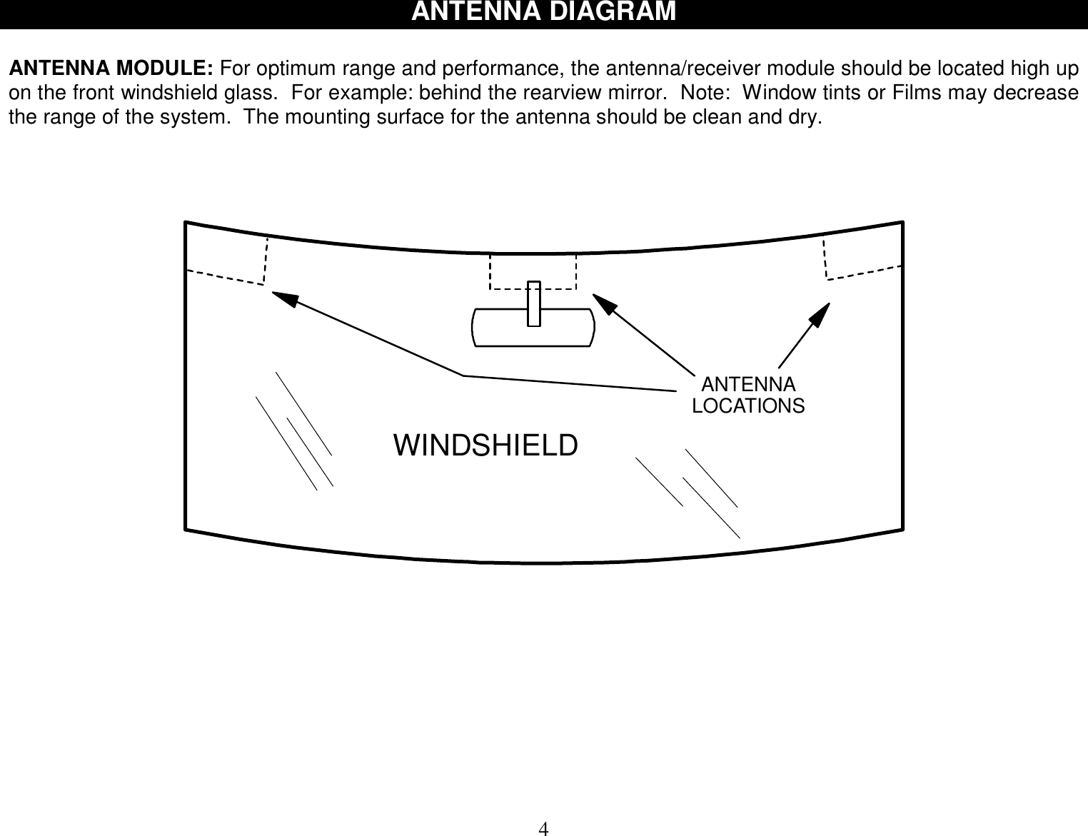 4 ANTENNA DIAGRAM   ANTENNA MODULE: For optimum range and performance, the antenna/receiver module should be located high up on the front windshield glass.  For example: behind the rearview mirror.  Note:  Window tints or Films may decrease the range of the system.  The mounting surface for the antenna should be clean and dry.     WINDSHIELDANTENNALOCATIONS           