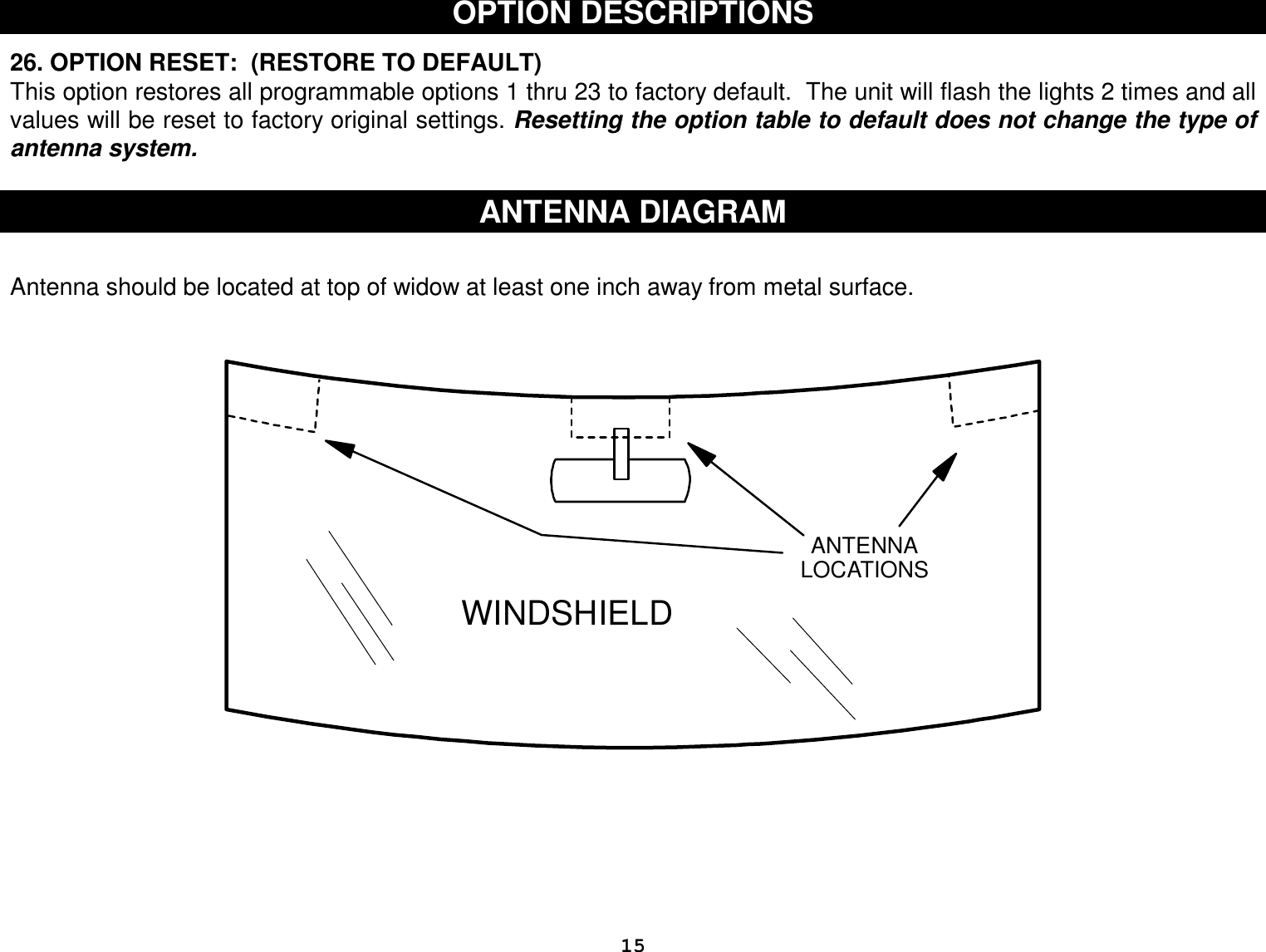  15 OPTION DESCRIPTIONS   26. OPTION RESET:  (RESTORE TO DEFAULT) This option restores all programmable options 1 thru 23 to factory default.  The unit will flash the lights 2 times and all values will be reset to factory original settings. Resetting the option table to default does not change the type of antenna system.  ANTENNA DIAGRAM   Antenna should be located at top of widow at least one inch away from metal surface.   WINDSHIELDANTENNALOCATIONS        