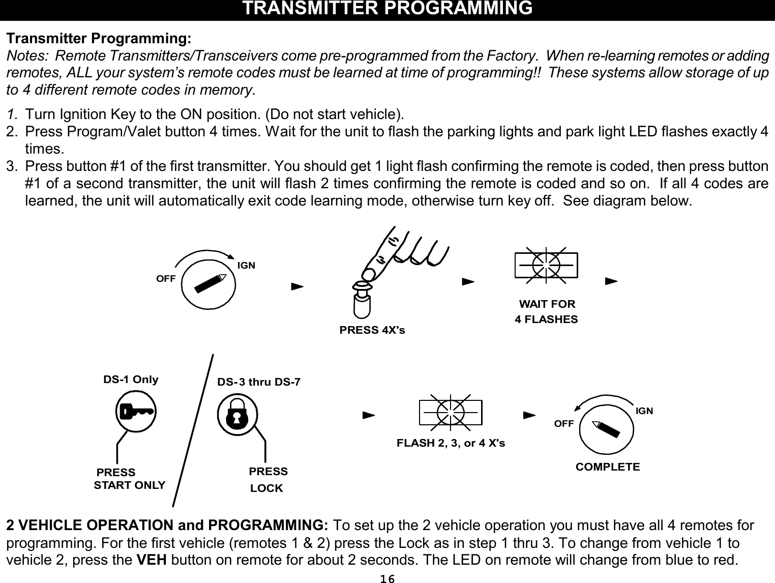 16TRANSMITTER PROGRAMMINGTransmitter Programming:Notes: Remote Transmitters/Transceivers come pre-programmed from the Factory. When re-learning remotes or addingremotes, ALL your system’s remote codes must be learned at time of programming!! These systems allow storage of upto 4 different remote codes in memory.1. Turn Ignition Key to the ON position. (Do not start vehicle).2. Press Program/Valet button 4 times. Wait for the unit to flash the parking lights andpark light LED flashes exactly 4times.3. Press button #1 of the first transmitter. You should get 1 light flash confirming the remote is coded, thenpress button#1 of a second transmitter, the unit will flash 2 times confirming the remote is codedand so on. If all 4 codes arelearned, the unit will automatically exit code learning mode, otherwise turn key off. See diagram below.IGNOFFWAIT FOR4 FLASHESPRESS 4X&apos;sFLASH 2, 3, or 4 X&apos;sDS-1 OnlyIGNOFFLOCKPRESSSTART ONLYDS- 3 thru DS-7COMPLETEPRESS2 VEHICLE OPERATION and PROGRAMMING: To set up the 2 vehicle operation you must have all 4 remotes forprogramming. For the first vehicle (remotes 1 &amp; 2) press the Lock as in step 1 thru 3. To change from vehicle 1 tovehicle 2, press the VEHbutton on remote for about 2 seconds. The LED on remote will change from blue to red.