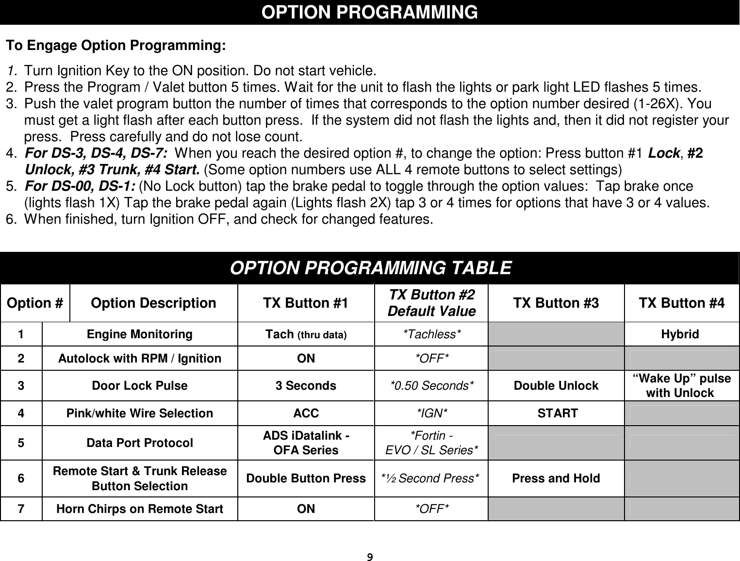  9 OPTION PROGRAMMING   To Engage Option Programming:  1.  Turn Ignition Key to the ON position. Do not start vehicle. 2. Press the Program / Valet button 5 times. Wait for the unit to flash the lights or park light LED flashes 5 times. 3. Push the valet program button the number of times that corresponds to the option number desired (1-26X). You must get a light flash after each button press.  If the system did not flash the lights and, then it did not register your press.  Press carefully and do not lose count. 4.  For DS-3, DS-4, DS-7:  When you reach the desired option #, to change the option: Press button #1 Lock, #2 Unlock, #3 Trunk, #4 Start. (Some option numbers use ALL 4 remote buttons to select settings) 5.  For DS-00, DS-1: (No Lock button) tap the brake pedal to toggle through the option values:  Tap brake once (lights flash 1X) Tap the brake pedal again (Lights flash 2X) tap 3 or 4 times for options that have 3 or 4 values. 6. When finished, turn Ignition OFF, and check for changed features.   OPTION PROGRAMMING TABLE Option #  Option Description  TX Button #1  TX Button #2 Default Value  TX Button #3  TX Button #4 1  Engine Monitoring  Tach (thru data) *Tachless*     Hybrid  2  Autolock with RPM / Ignition  ON  *OFF*       3  Door Lock Pulse  3 Seconds  *0.50 Seconds*  Double Unlock  “Wake Up” pulse with Unlock  4  Pink/white Wire Selection  ACC  *IGN*   START    5  Data Port Protocol  ADS iDatalink -     OFA Series  *Fortin -           EVO / SL Series*       6  Remote Start &amp; Trunk Release Button Selection  Double Button Press  *½ Second Press*  Press and Hold    7  Horn Chirps on Remote Start  ON  *OFF*       