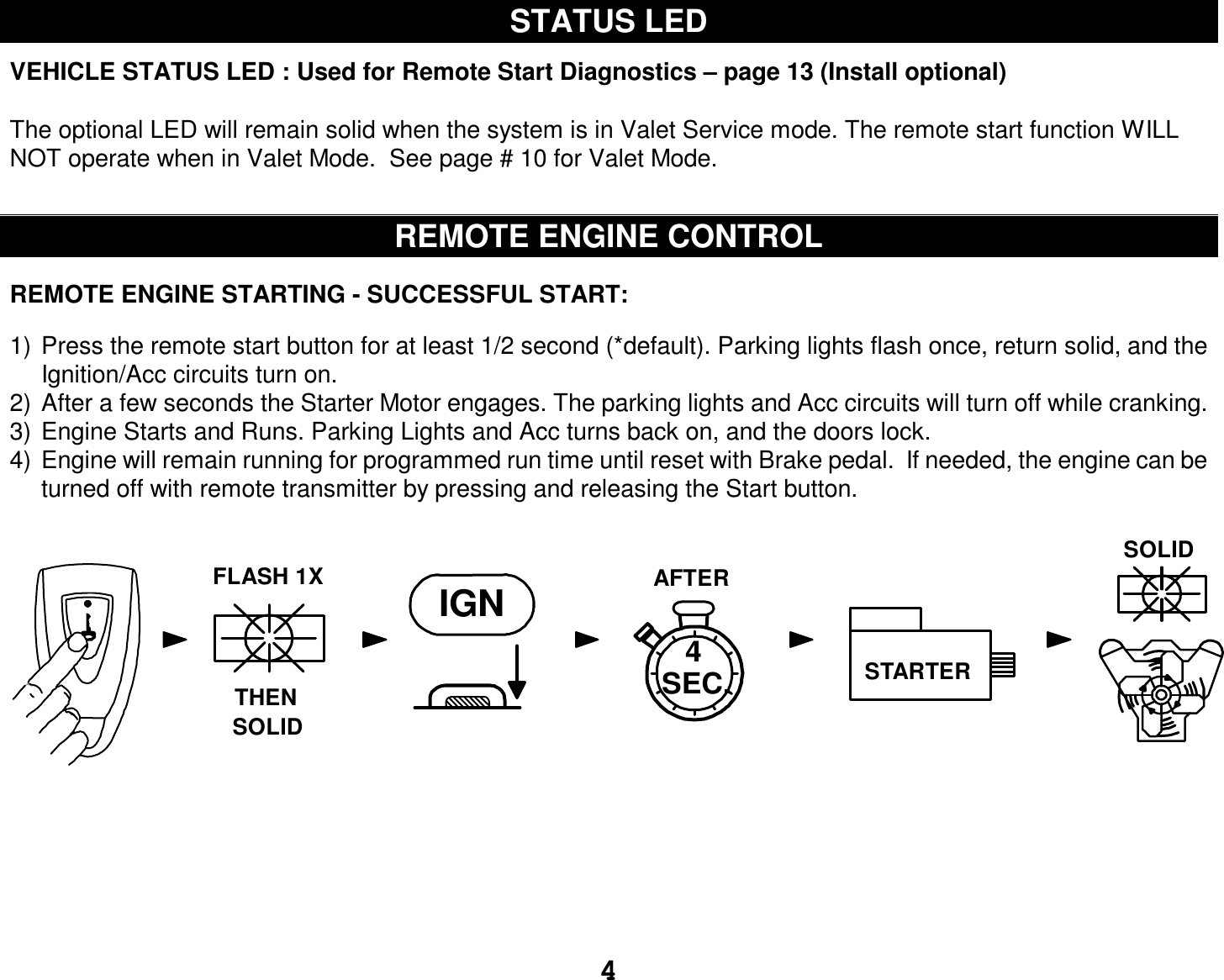  4 STATUS LED  VEHICLE STATUS LED : Used for Remote Start Diagnostics – page 13 (Install optional)  The optional LED will remain solid when the system is in Valet Service mode. The remote start function WILL NOT operate when in Valet Mode.  See page # 10 for Valet Mode.   REMOTE ENGINE CONTROL  REMOTE ENGINE STARTING - SUCCESSFUL START:  1) Press the remote start button for at least 1/2 second (*default). Parking lights flash once, return solid, and the Ignition/Acc circuits turn on. 2) After a few seconds the Starter Motor engages. The parking lights and Acc circuits will turn off while cranking. 3) Engine Starts and Runs. Parking Lights and Acc turns back on, and the doors lock. 4) Engine will remain running for programmed run time until reset with Brake pedal.  If needed, the engine can be turned off with remote transmitter by pressing and releasing the Start button.  AFTERIGN4STARTERTHENFLASH 1XSOLIDSOLIDSEC.      